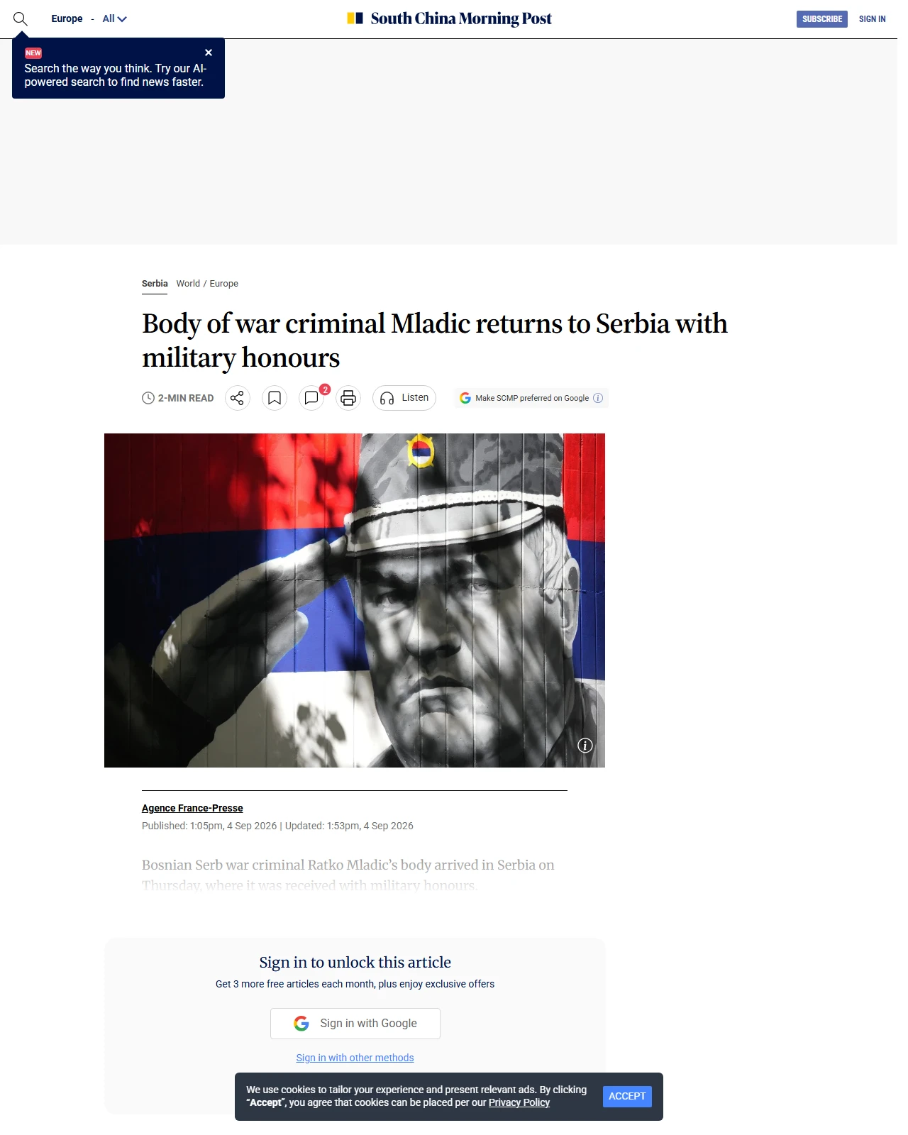 scmp.com as published: Body of war criminal Mladic returns to Serbia with military honours