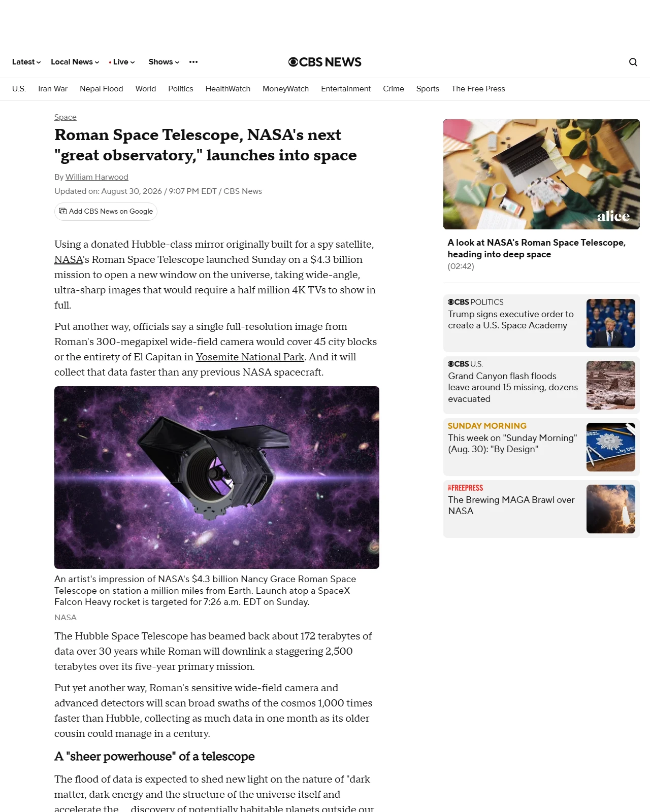 cbsnews.com as published: Roman Space Telescope promises 300-megapixel views of the cosmos