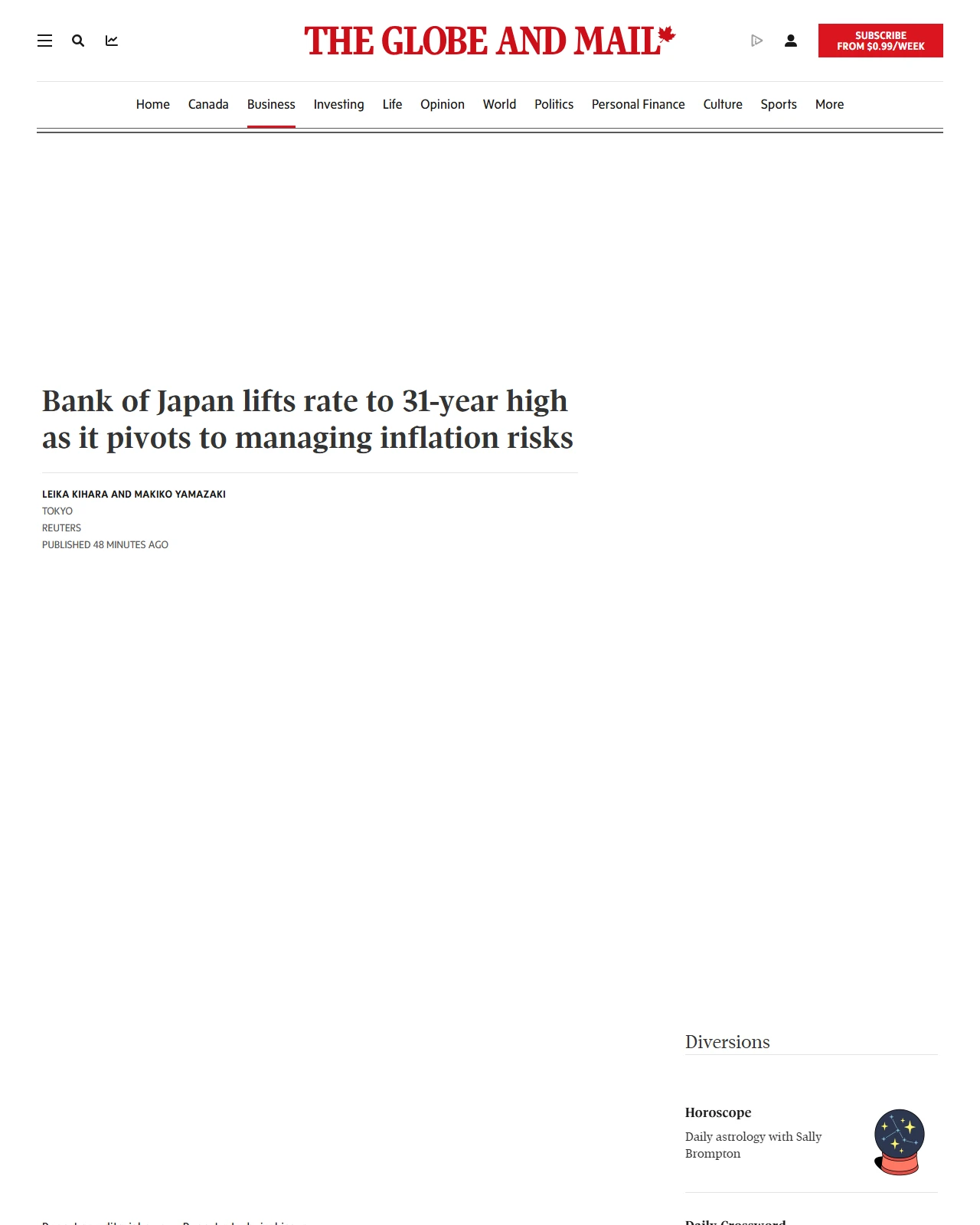 theglobeandmail.com as published: Bank of Japan lifts rate to 31-year high as it pivots to managing inflation risks