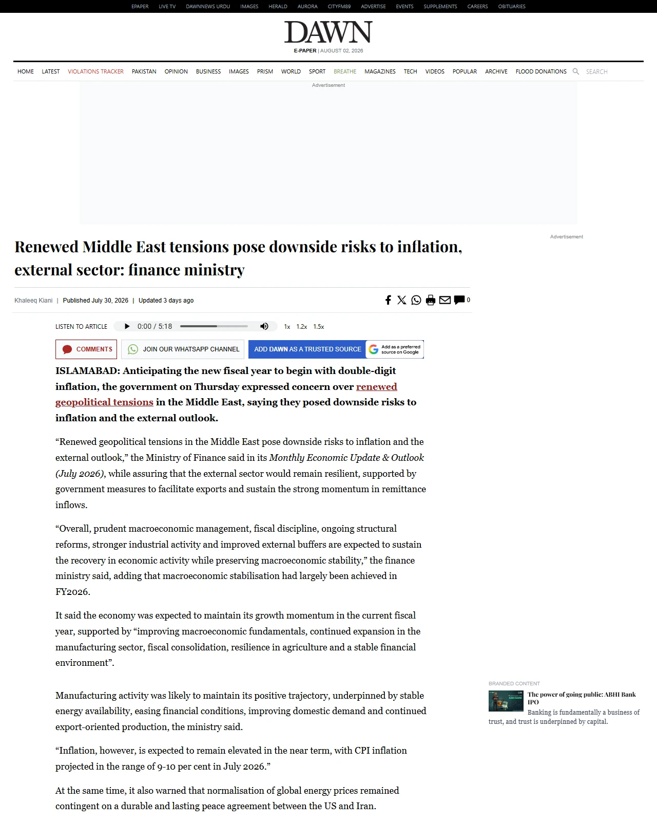dawn.com as published: Renewed Middle East tensions pose downside risks to inflation, external sector: finance ministry