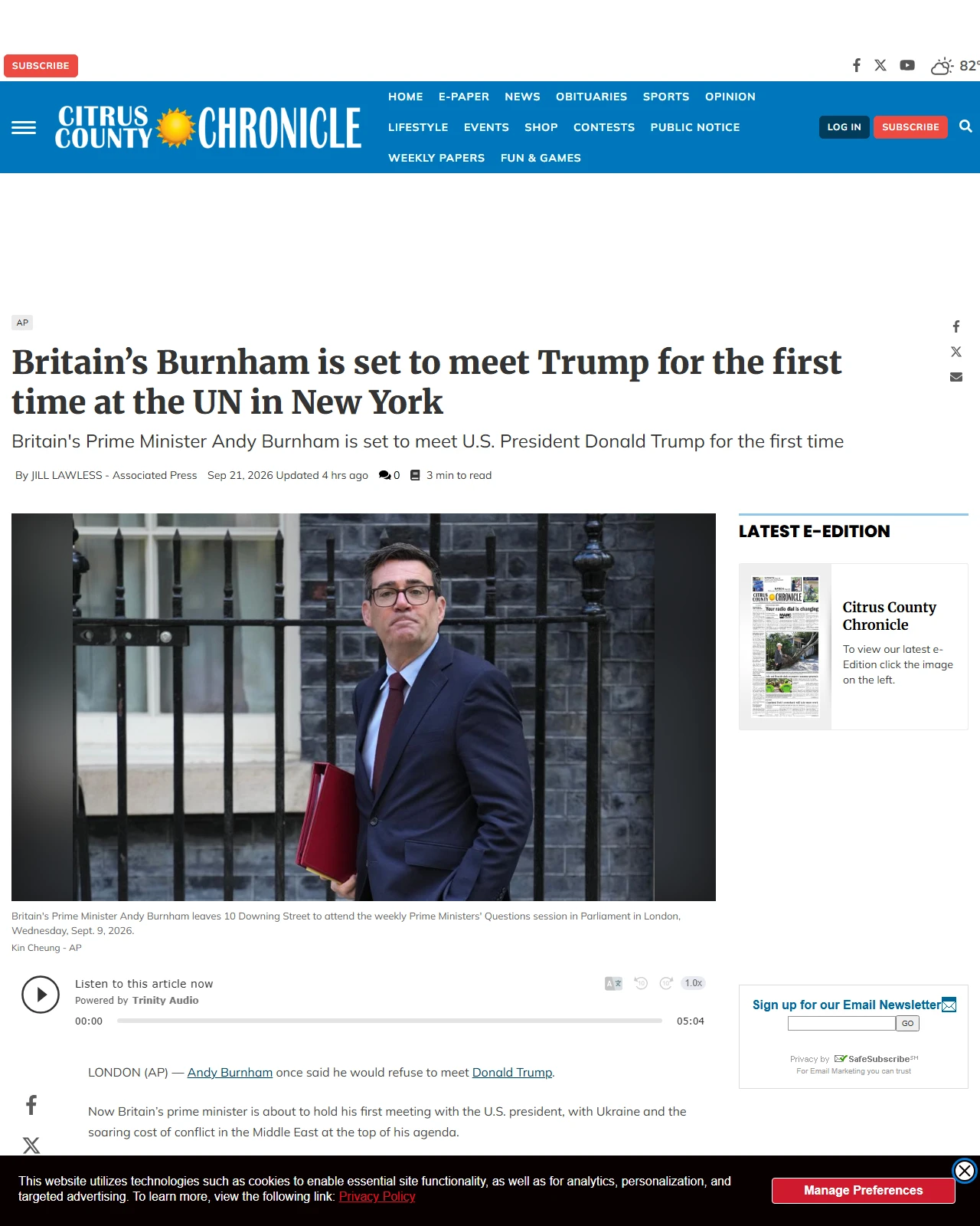 chronicleonline.com as published: Britain’s Burnham is set to meet Trump for the first time at the UN in New York