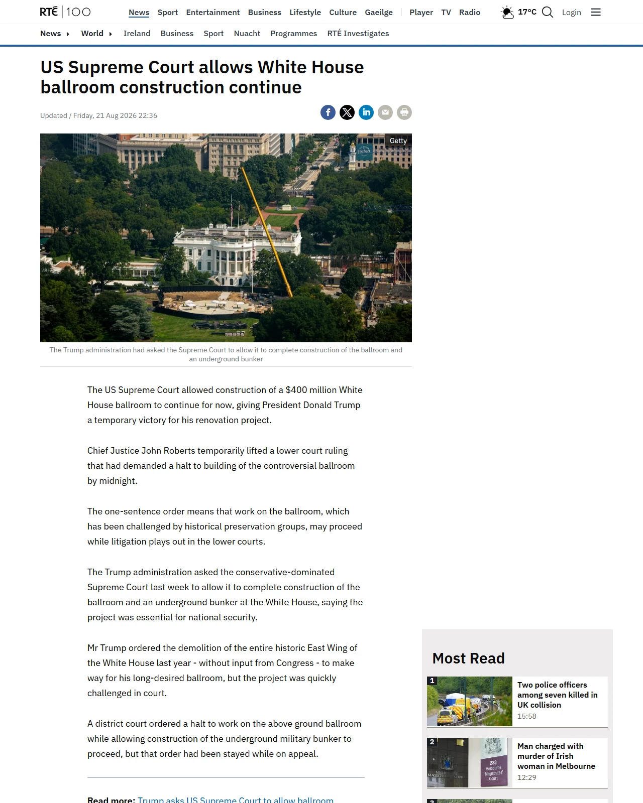 rte.ie as published: Supreme Court allows White House ballroom construction