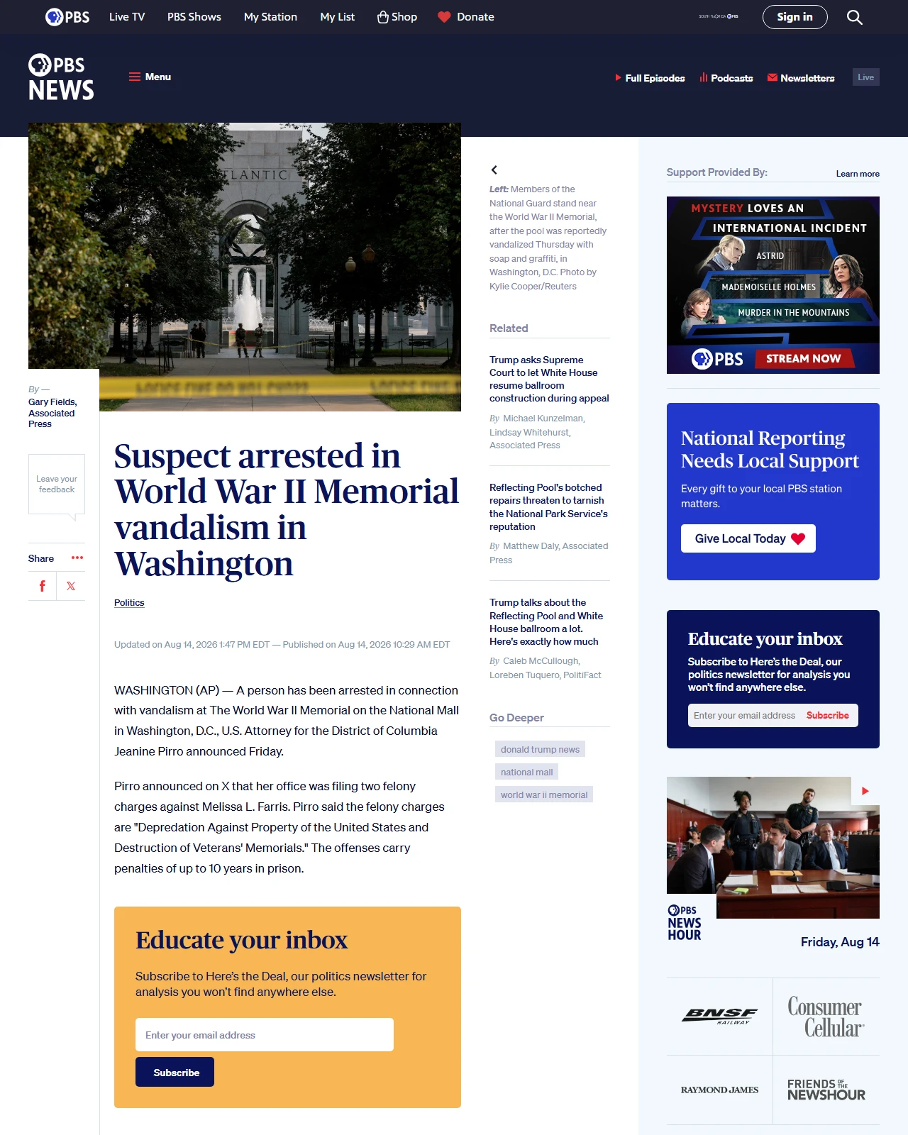 pbs.org as published: Suspect arrested in World War II Memorial vandalism in Washington