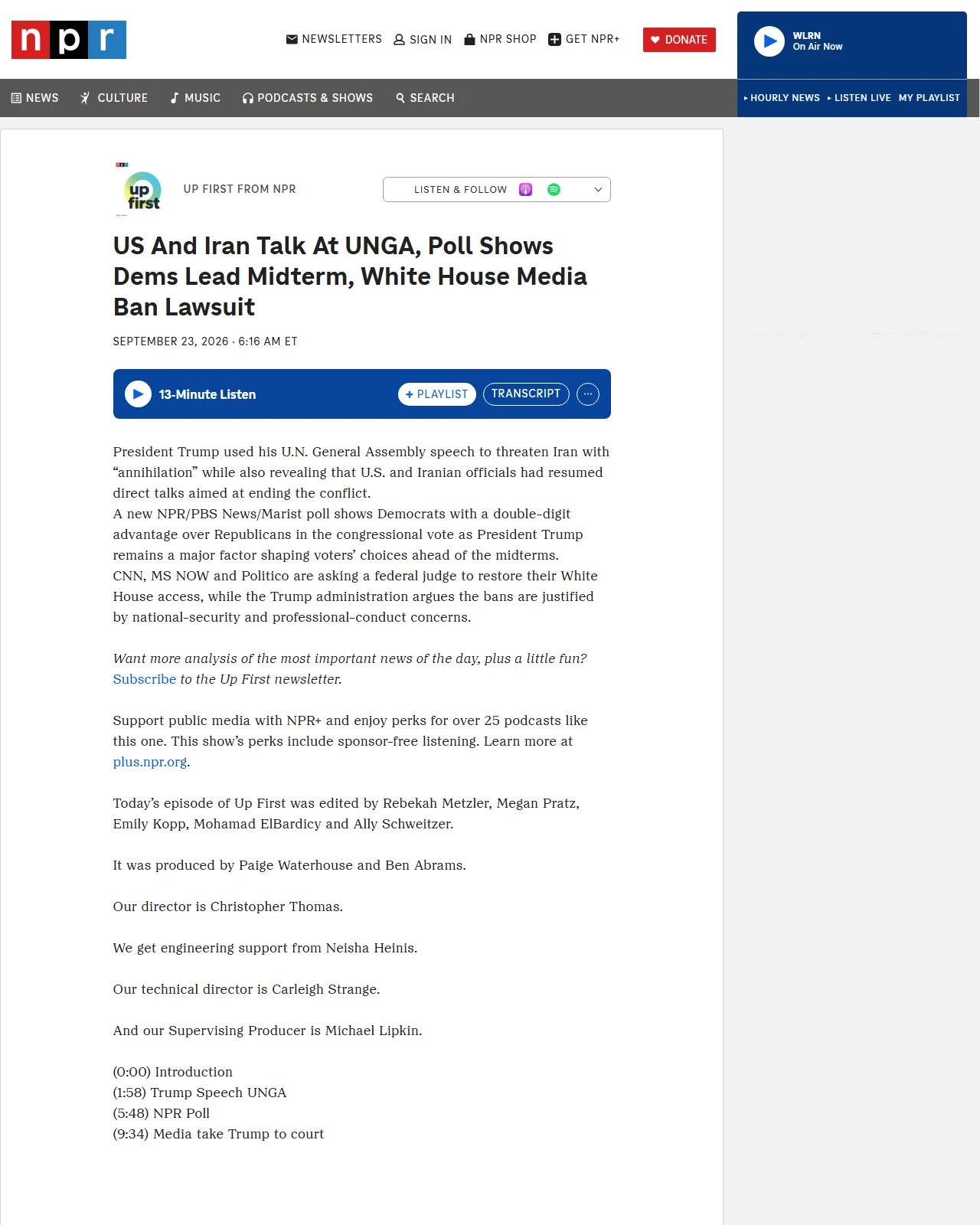 npr.org as published: US And Iran Talk At UNGA, Poll Shows Dems Lead Midterm, White House Media Ban Lawsuit