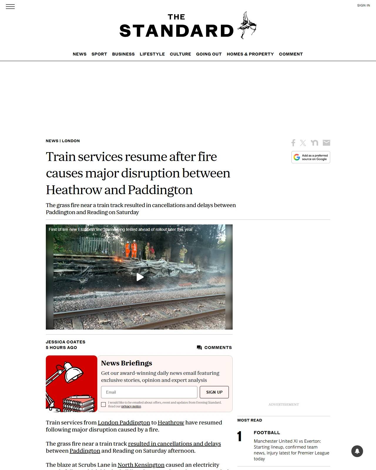 standard.co.uk as published: Train services resume after fire causes major disruption between Heathrow and Paddington