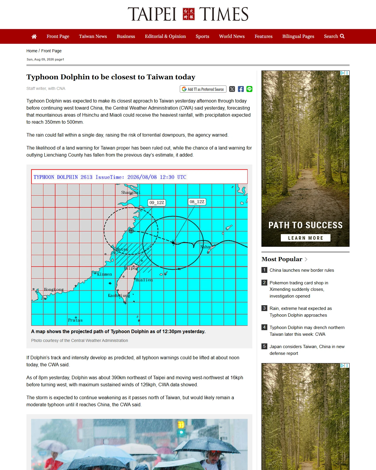 taipeitimes.com as published: Typhoon Dolphin to be closest to Taiwan today