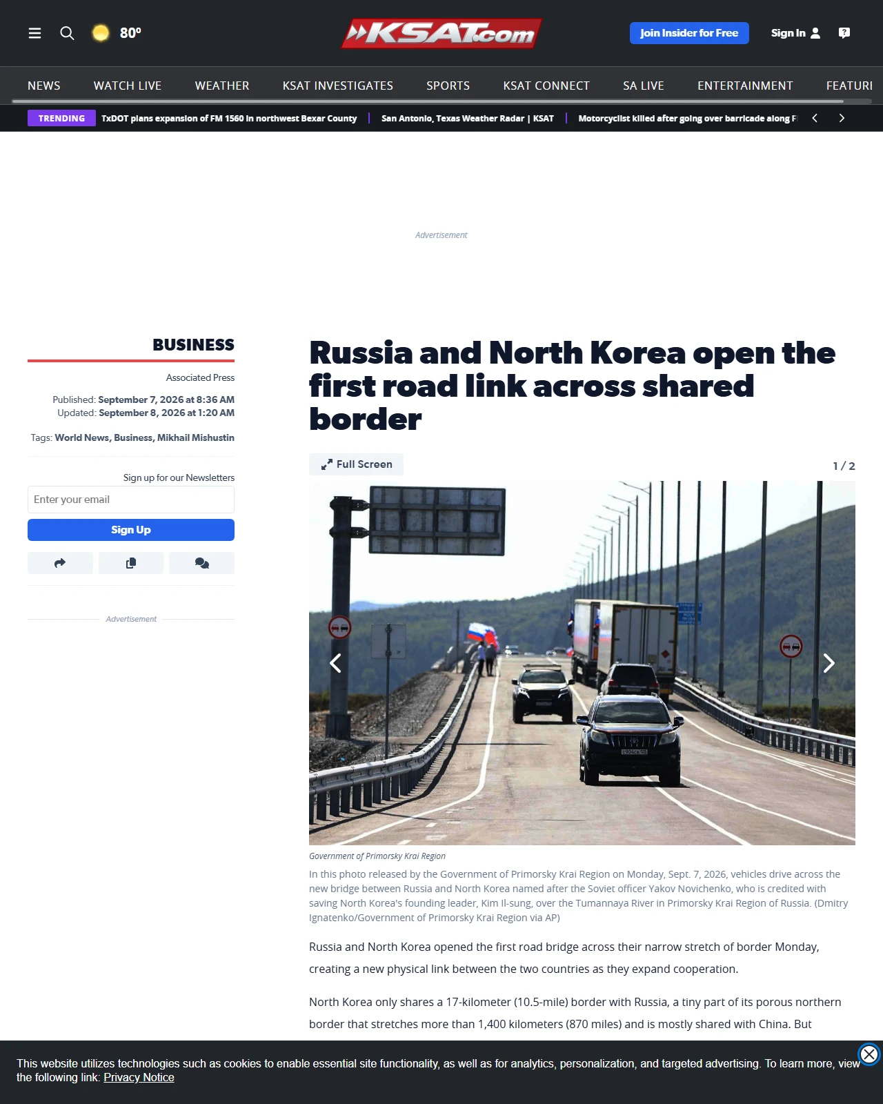 ksat.com as published: Russia and North Korea open the first road link across shared border
