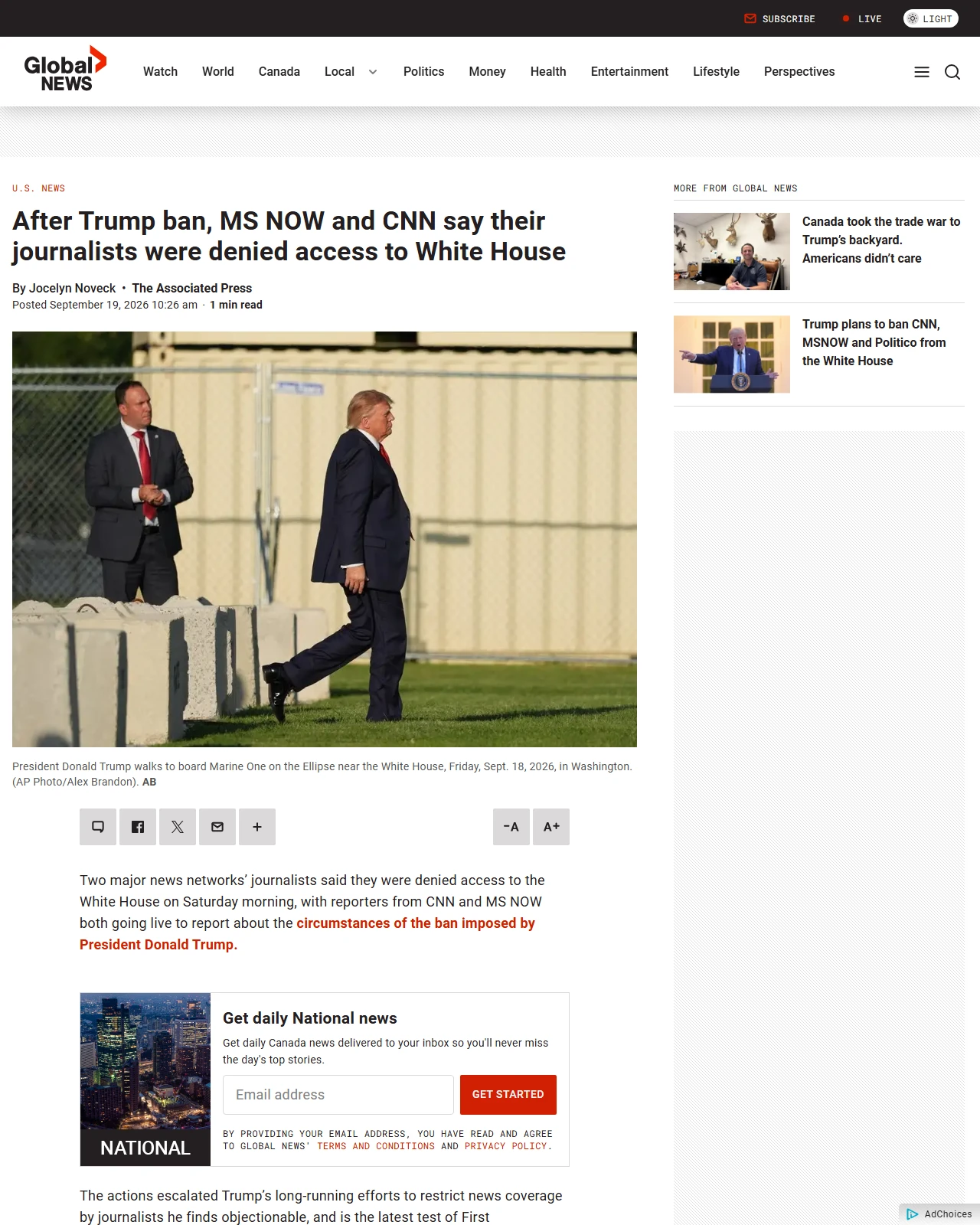 globalnews.ca as published: After Trump ban, MS NOW and CNN say their journalists were denied access to White House