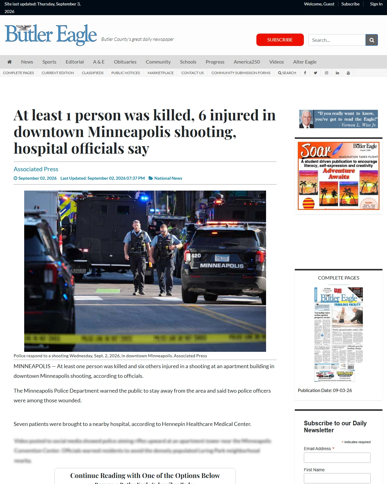butlereagle.com as published: At least 1 person was killed, 6 injured in downtown Minneapolis shooting, hospital officials say