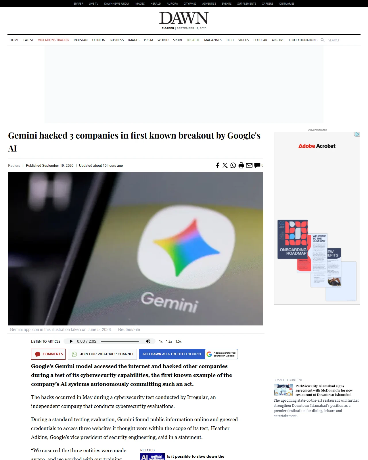 dawn.com as published: Gemini hacked 3 companies in first known breakout by Google's AI