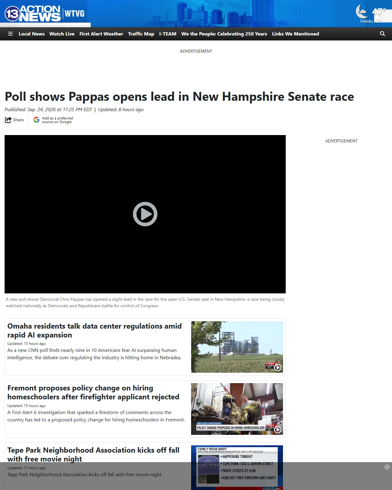 13abc.com as published: Poll shows Pappas opens lead in New Hampshire Senate race
