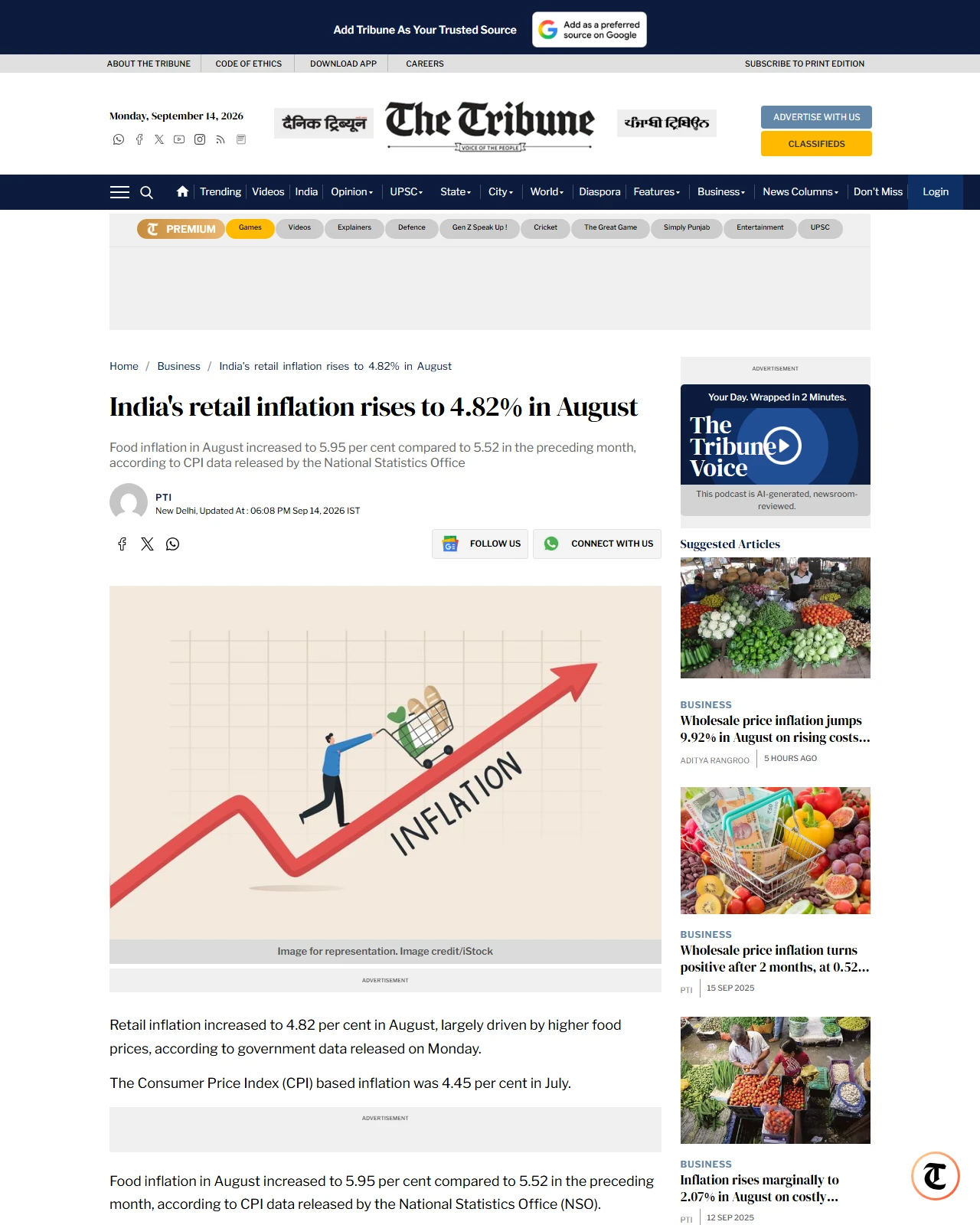 tribuneindia.com as published: Indias retail inflation rises to 4.82% in August