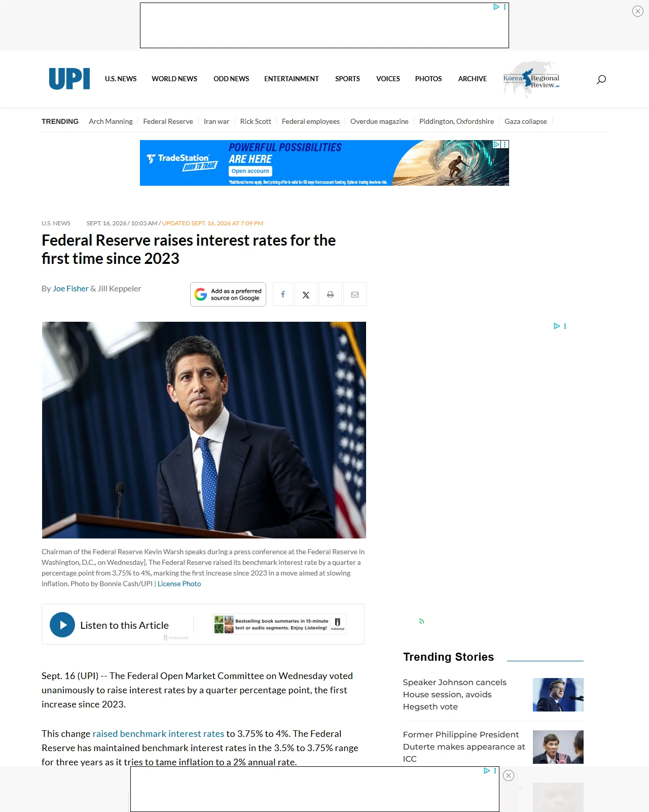 upi.com as published: Federal Reserve raises interest rates for the first time since 2023