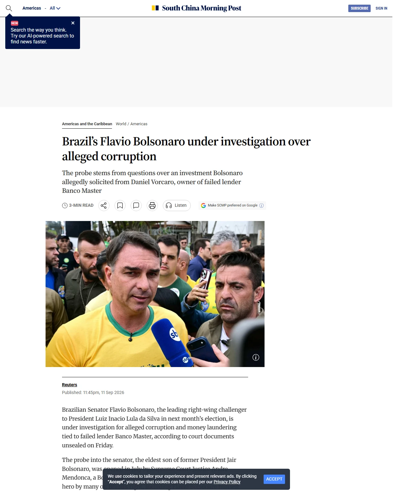 scmp.com as published: Brazil’s Flavio Bolsonaro under investigation over alleged corruption