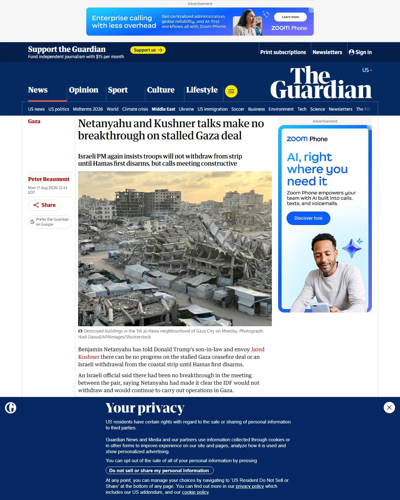 theguardian.com as published: Netanyahu and Kushner talks make no breakthrough on stalled Gaza deal