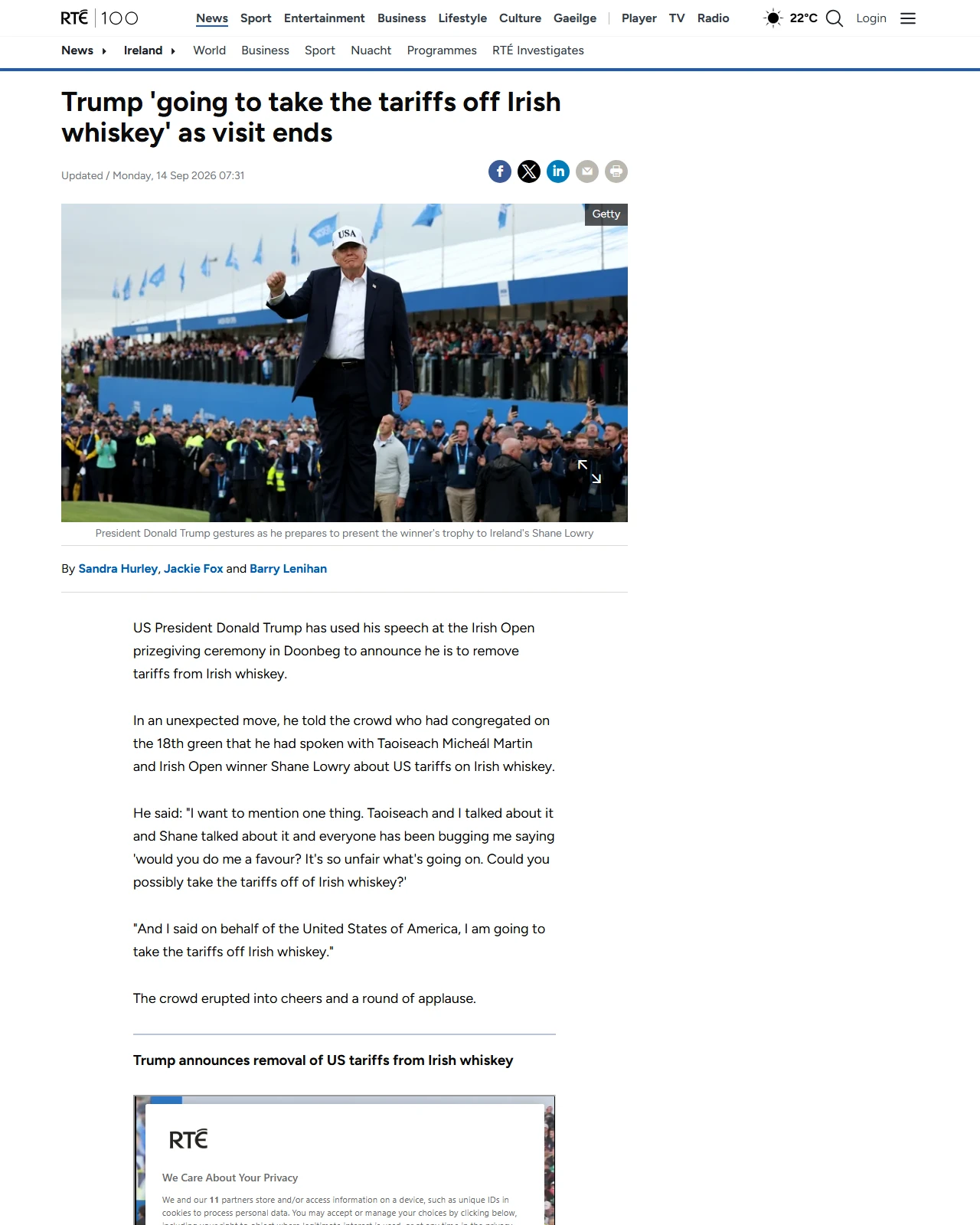 rte.ie as published: Trump to 'take tariffs off Irish whiskey' as visit ends