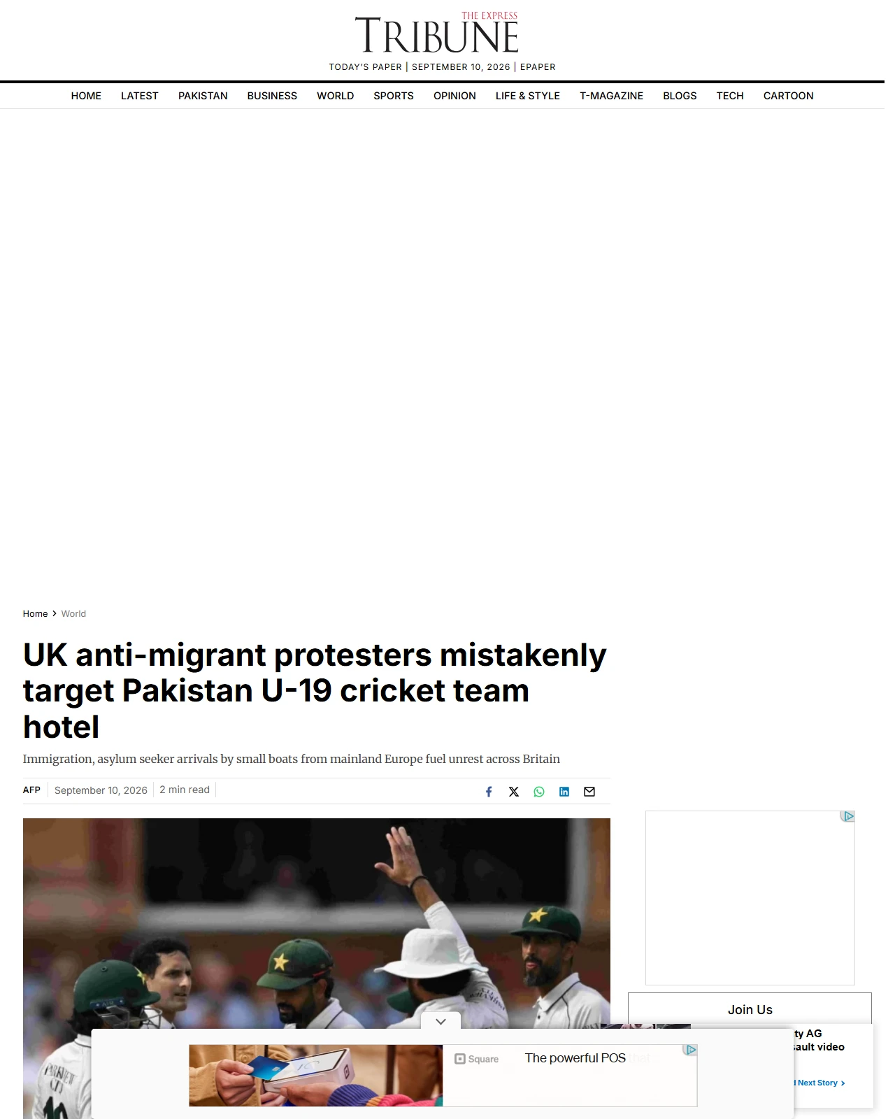 tribune.com.pk as published: UK anti-migrant protesters mistakenly target Pakistan U-19 cricket team hotel