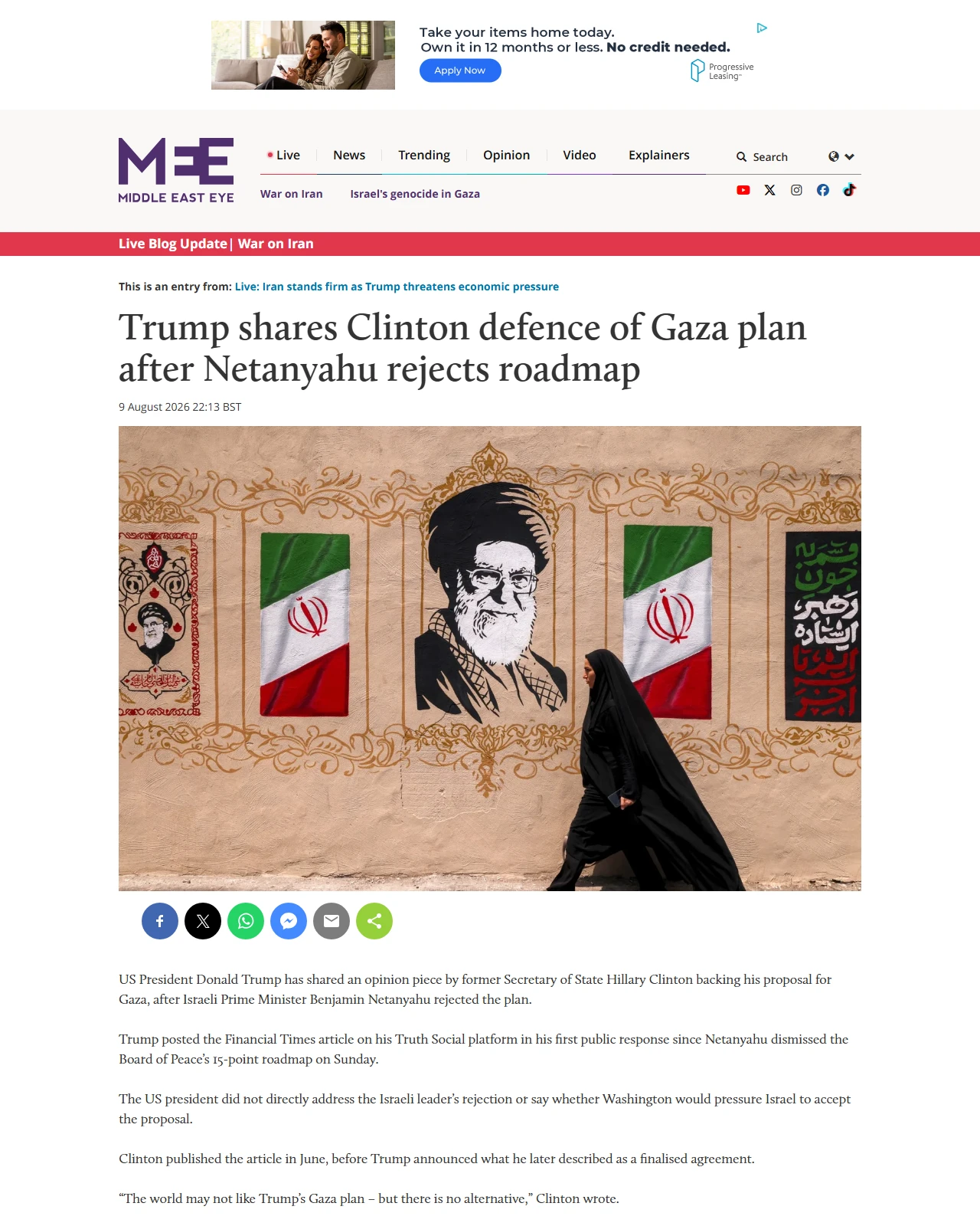 middleeasteye.net as published: Trump shares Clinton defence of Gaza plan after Netanyahu rejects roadmap
