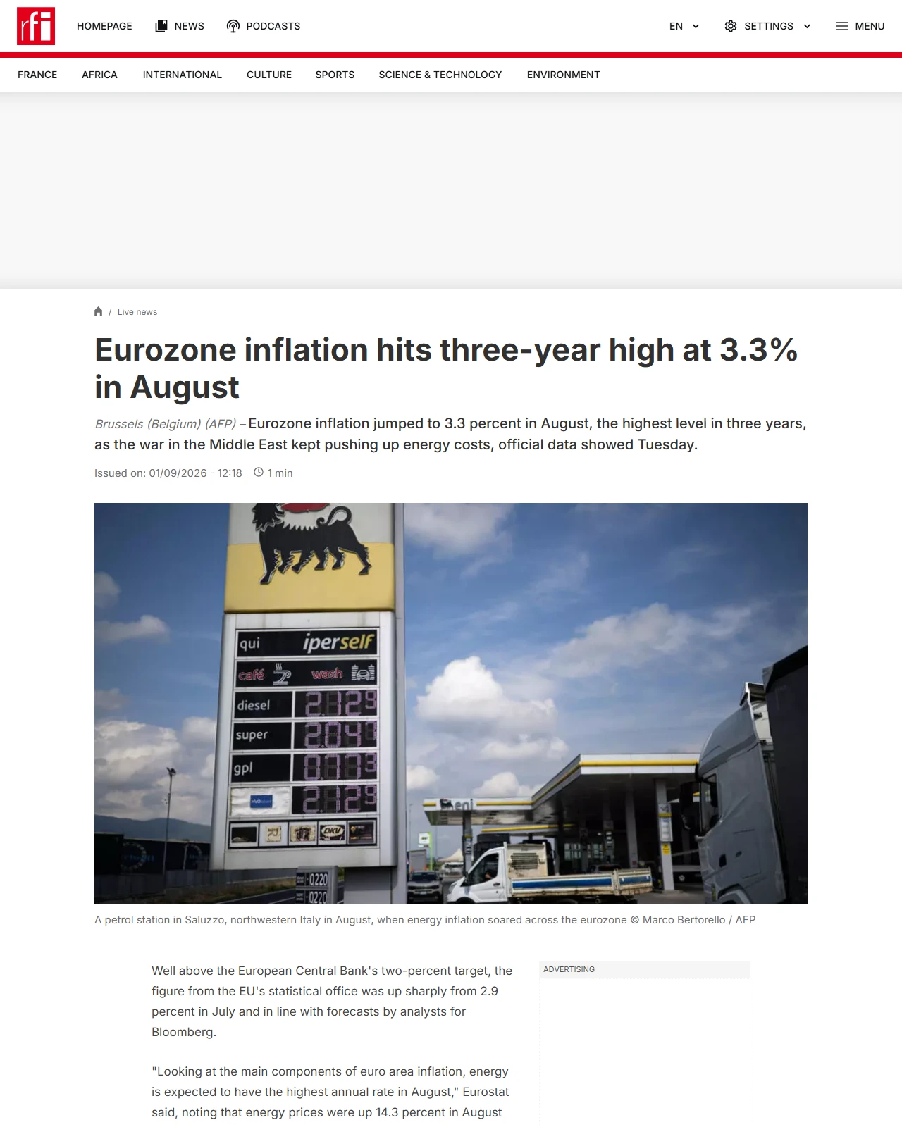rfi.fr as published: Eurozone inflation hits three-year high at 3.3% in August