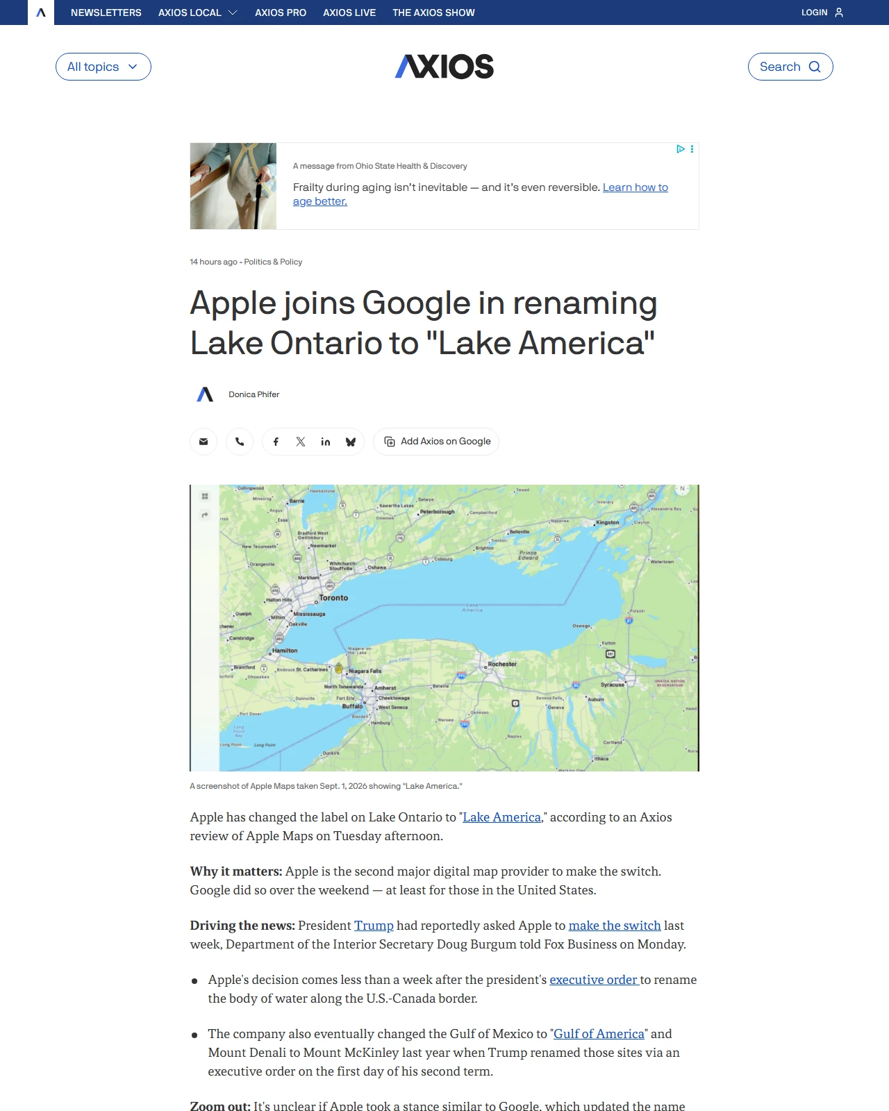 axios.com as published: Apple joins Google in renaming Lake Ontario to "Lake America"