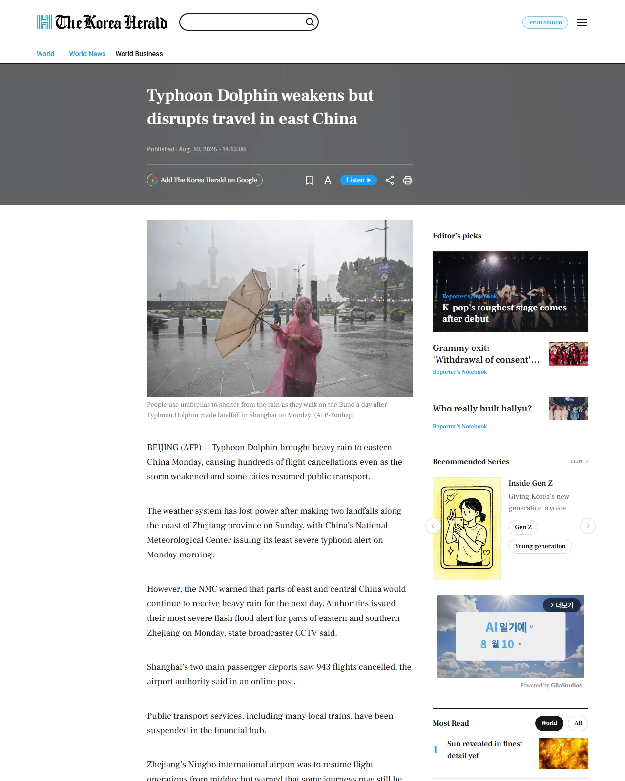 koreaherald.com as published: Typhoon Dolphin weakens but disrupts travel in east China