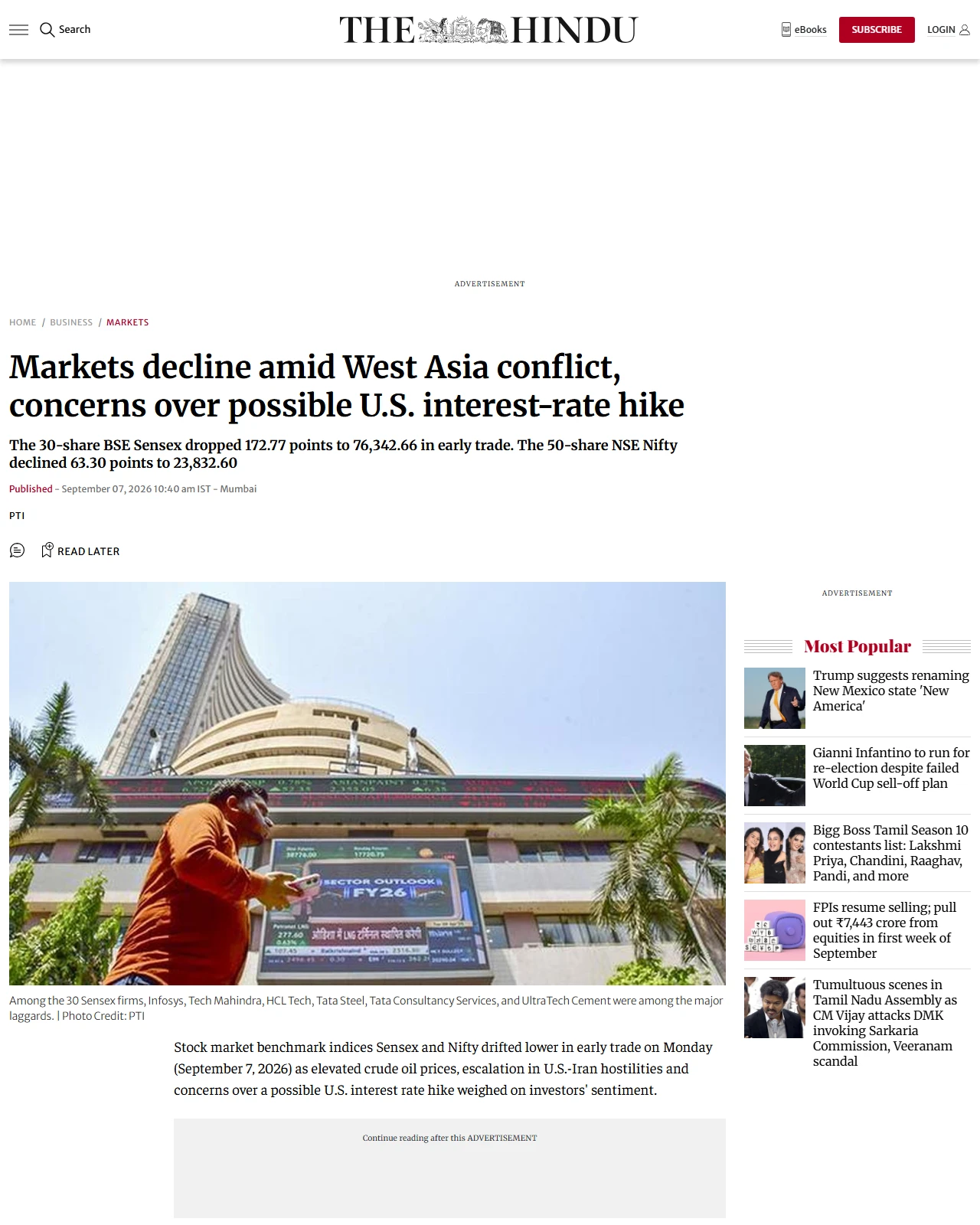 thehindu.com as published: Markets decline amid West Asia conflict, concerns over possible U.S. interest-rate hike