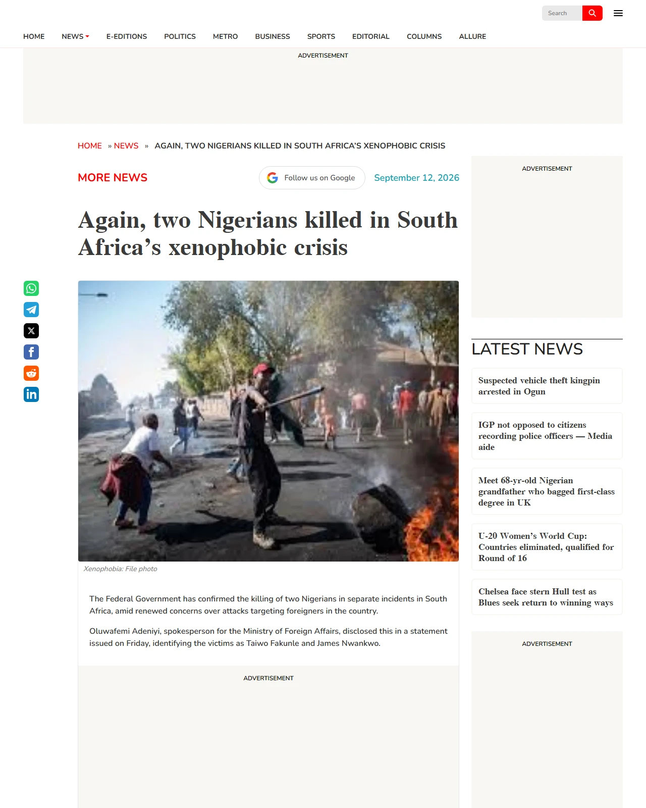 vanguardngr.com as published: Again, two Nigerians killed in South Africa’s xenophobic crisis