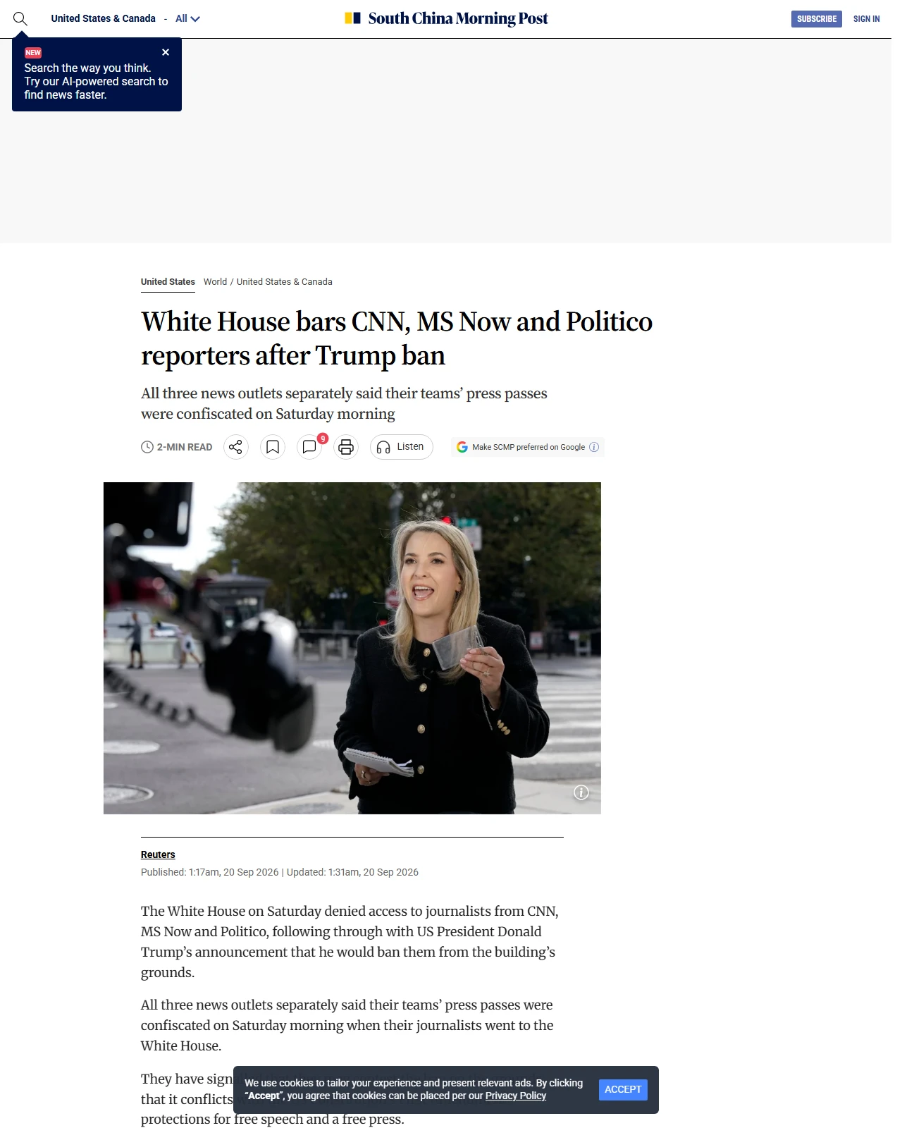 scmp.com as published: White House bars CNN, MS Now and Politico reporters after Trump ban