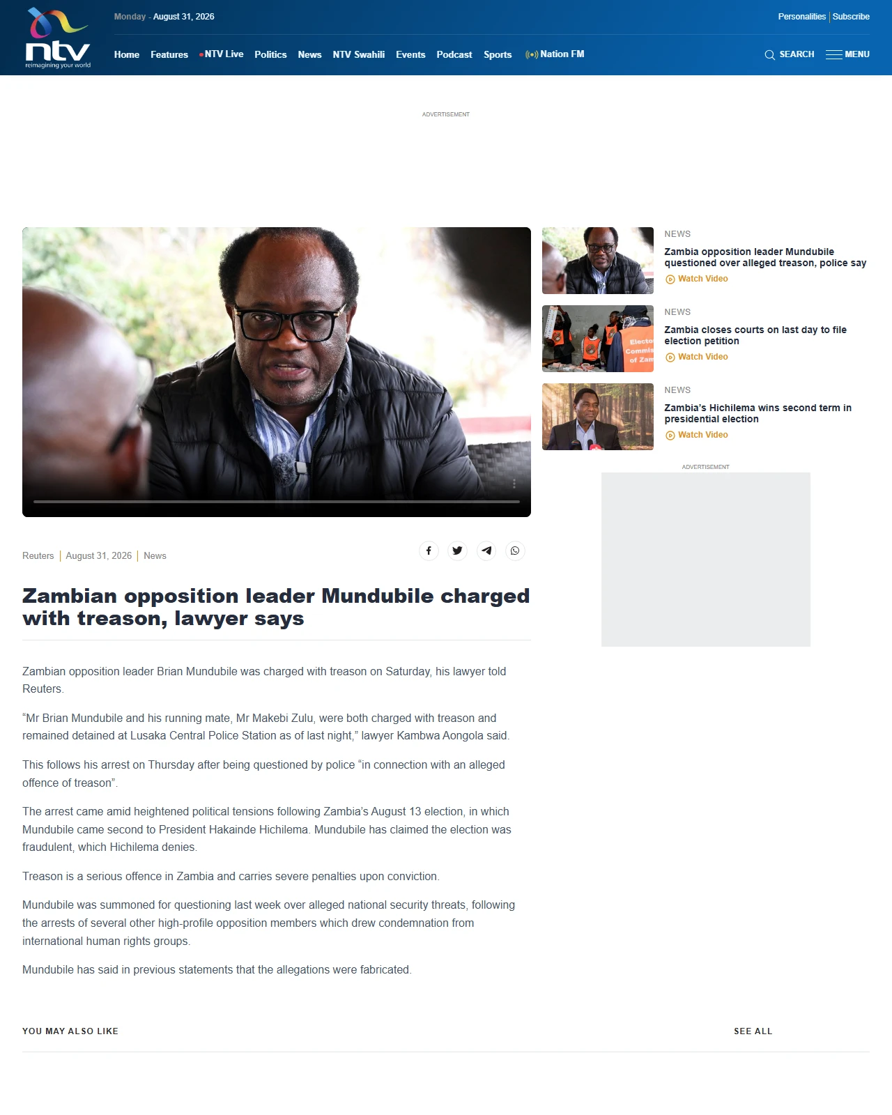ntvkenya.co.ke as published: Zambian opposition leader Mundubile charged with treason, lawyer says