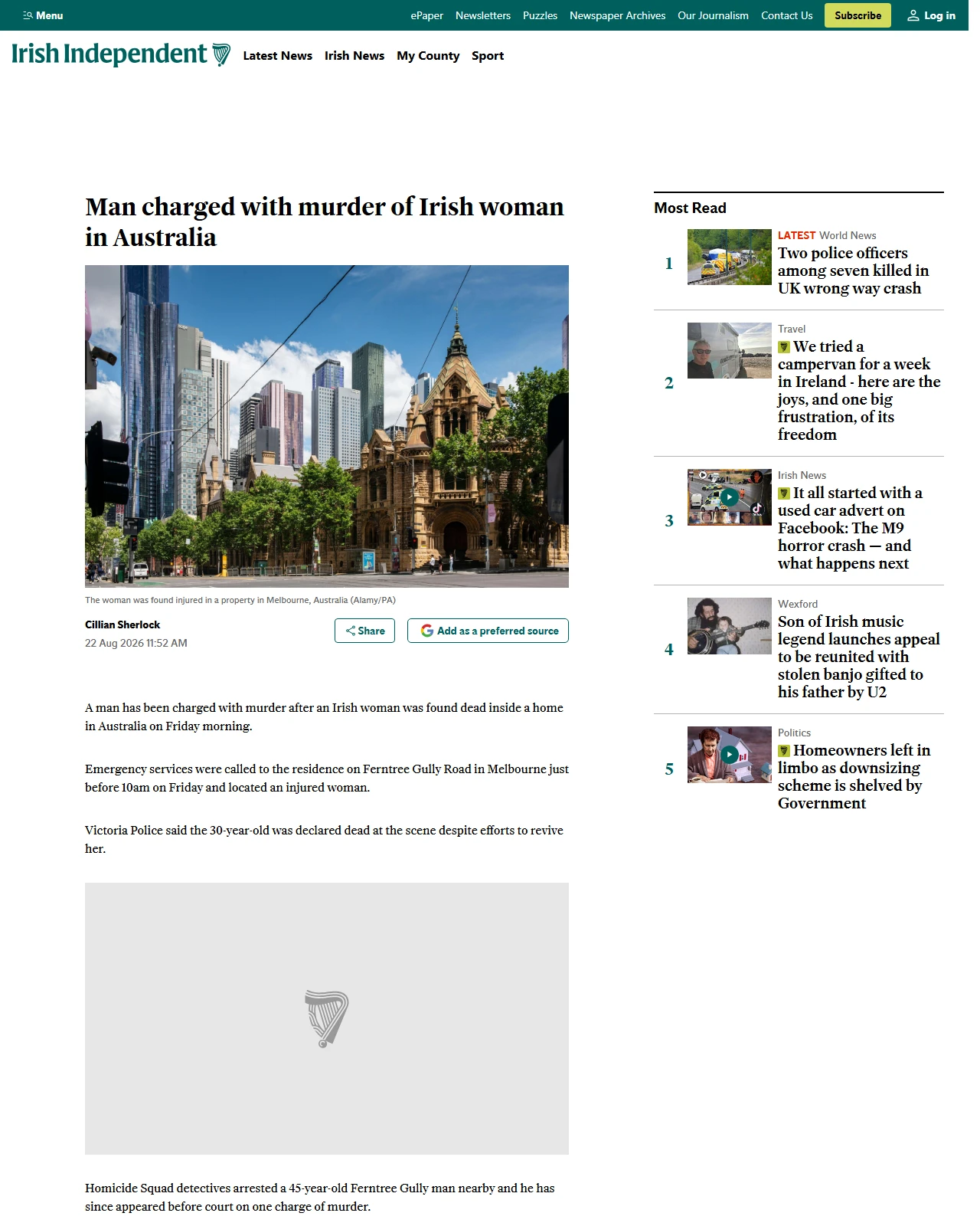 independent.ie as published: Man charged with murder of Irish woman in Australia