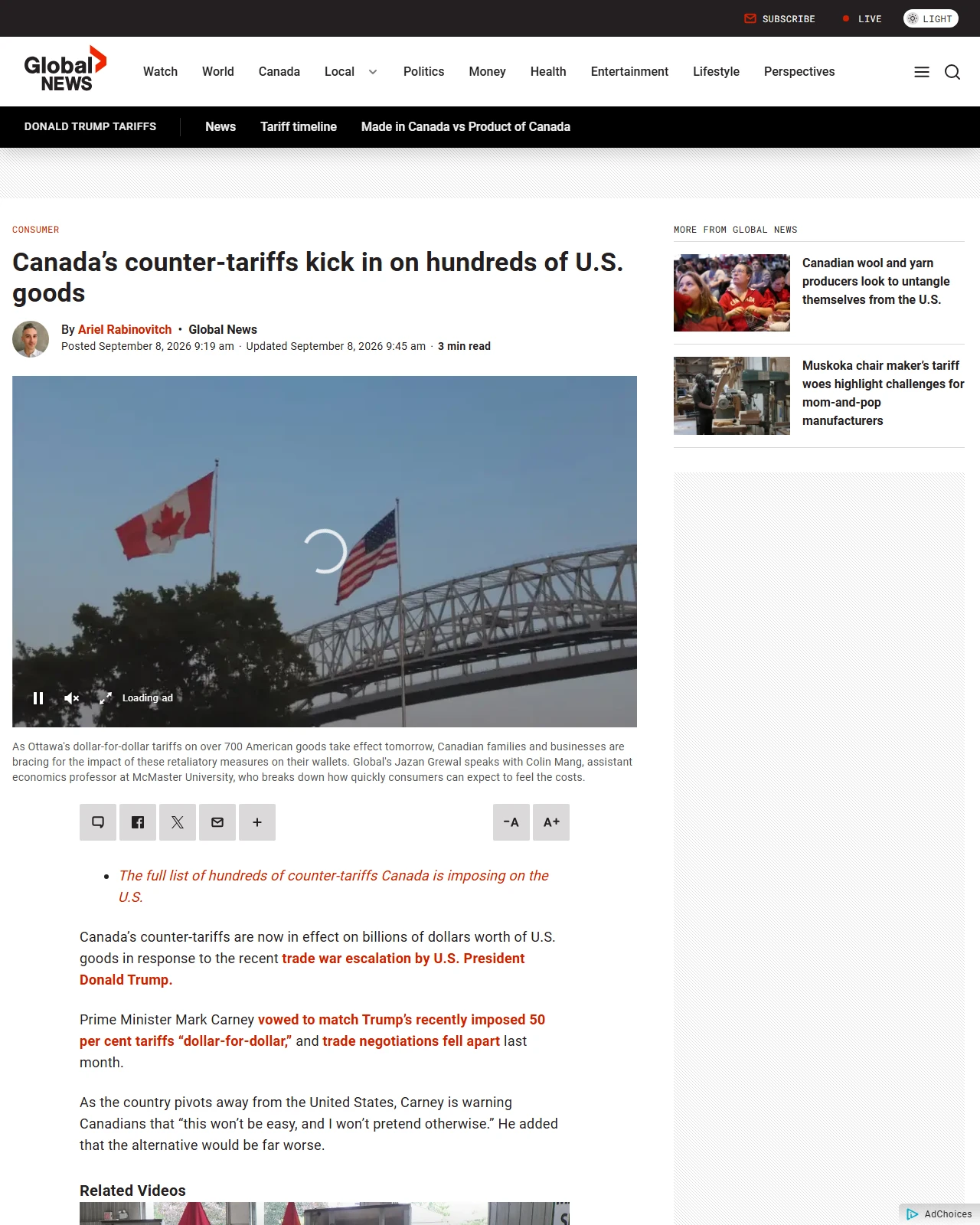 globalnews.ca as published: Canada’s counter-tariffs kick in on hundreds of U.S. goods