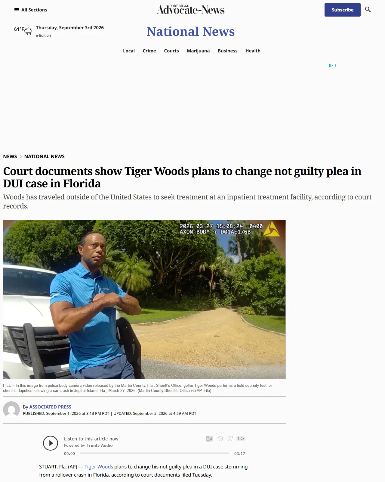 advocate-news.com as published: Court documents show Tiger Woods plans to change not guilty plea in DUI case in Florida - Fort Bragg Advocate-News