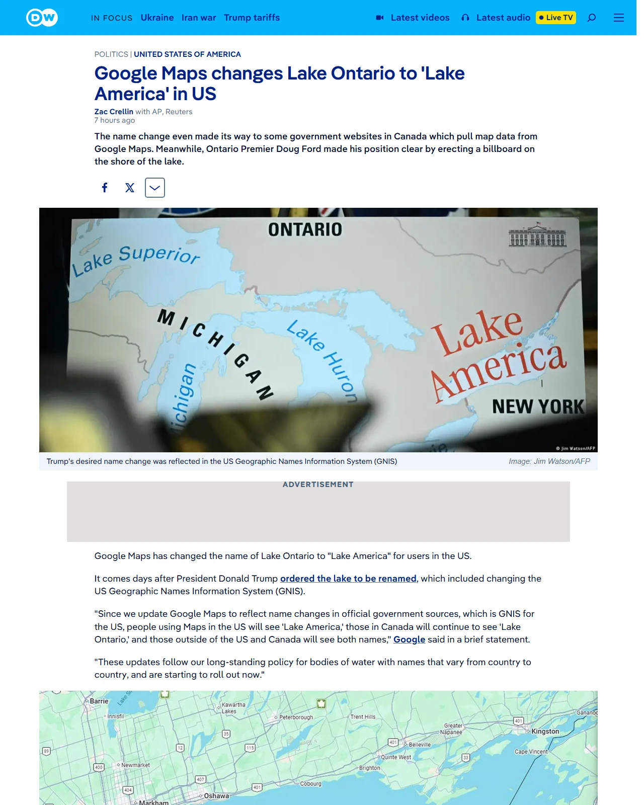 dw.com as published: Google Maps changes Lake Ontario to 'Lake America' in US