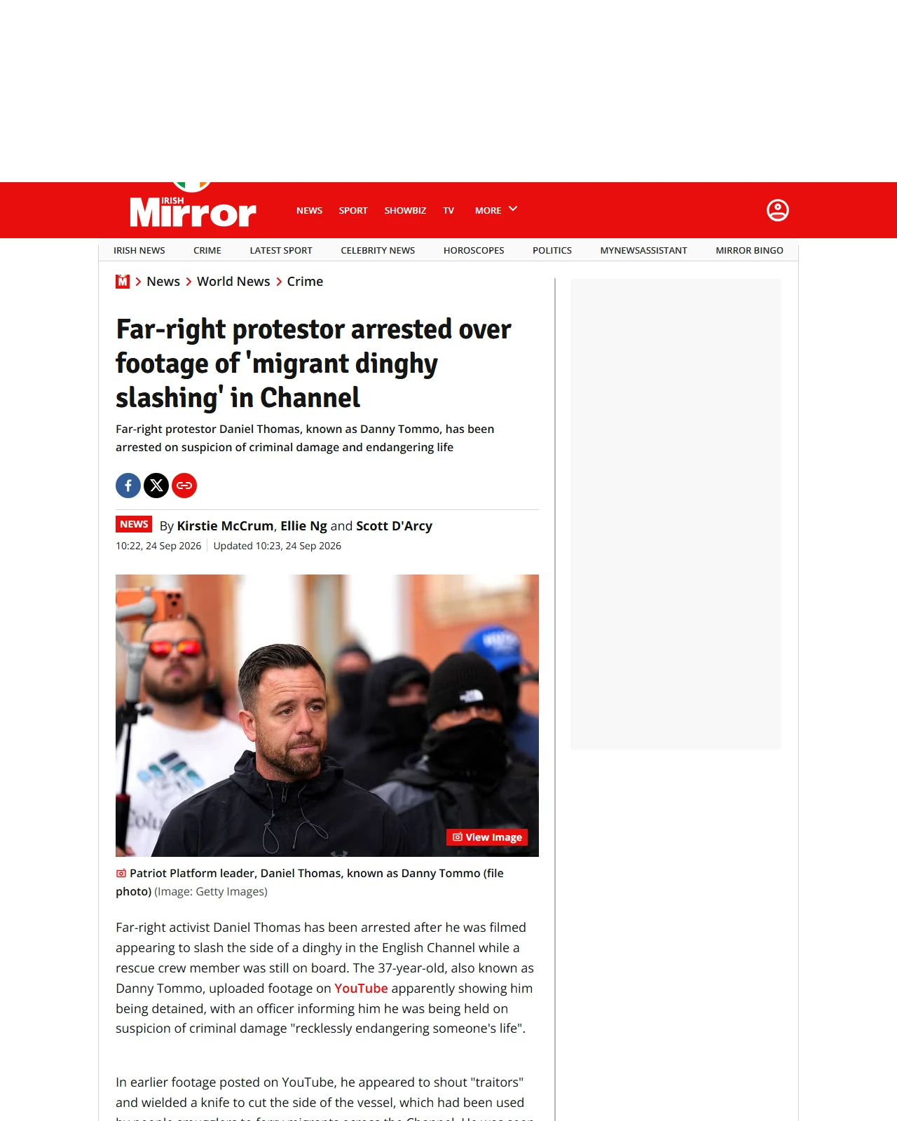 irishmirror.ie as published: Far-right protestor arrested over footage of 'migrant dinghy slashing' in Channel