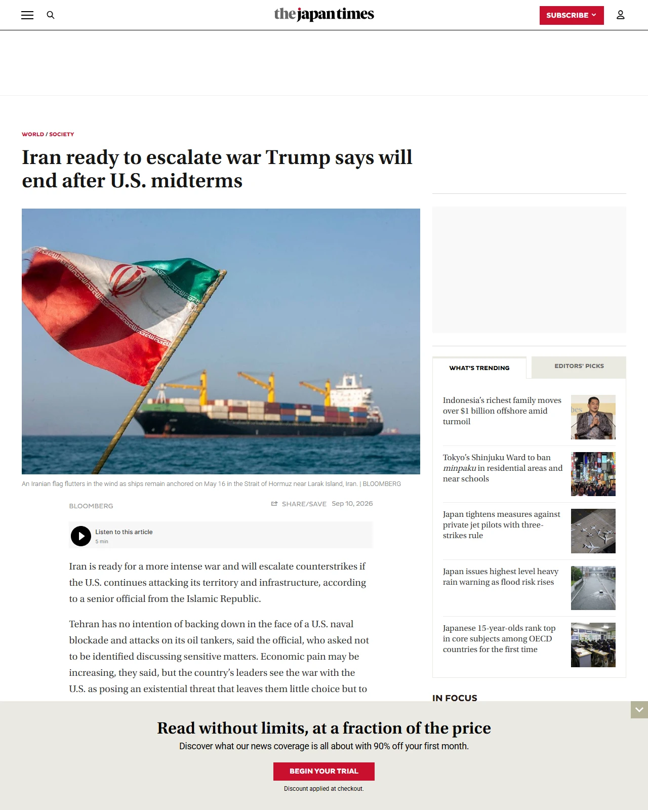 japantimes.co.jp as published: Iran ready to escalate war Trump says will end after U.S. midterms