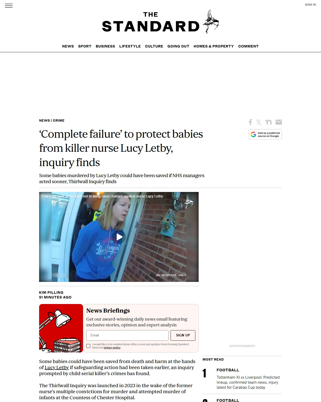 standard.co.uk as published: ‘Complete failure’ to protect babies from killer nurse Lucy Letby, inquiry finds