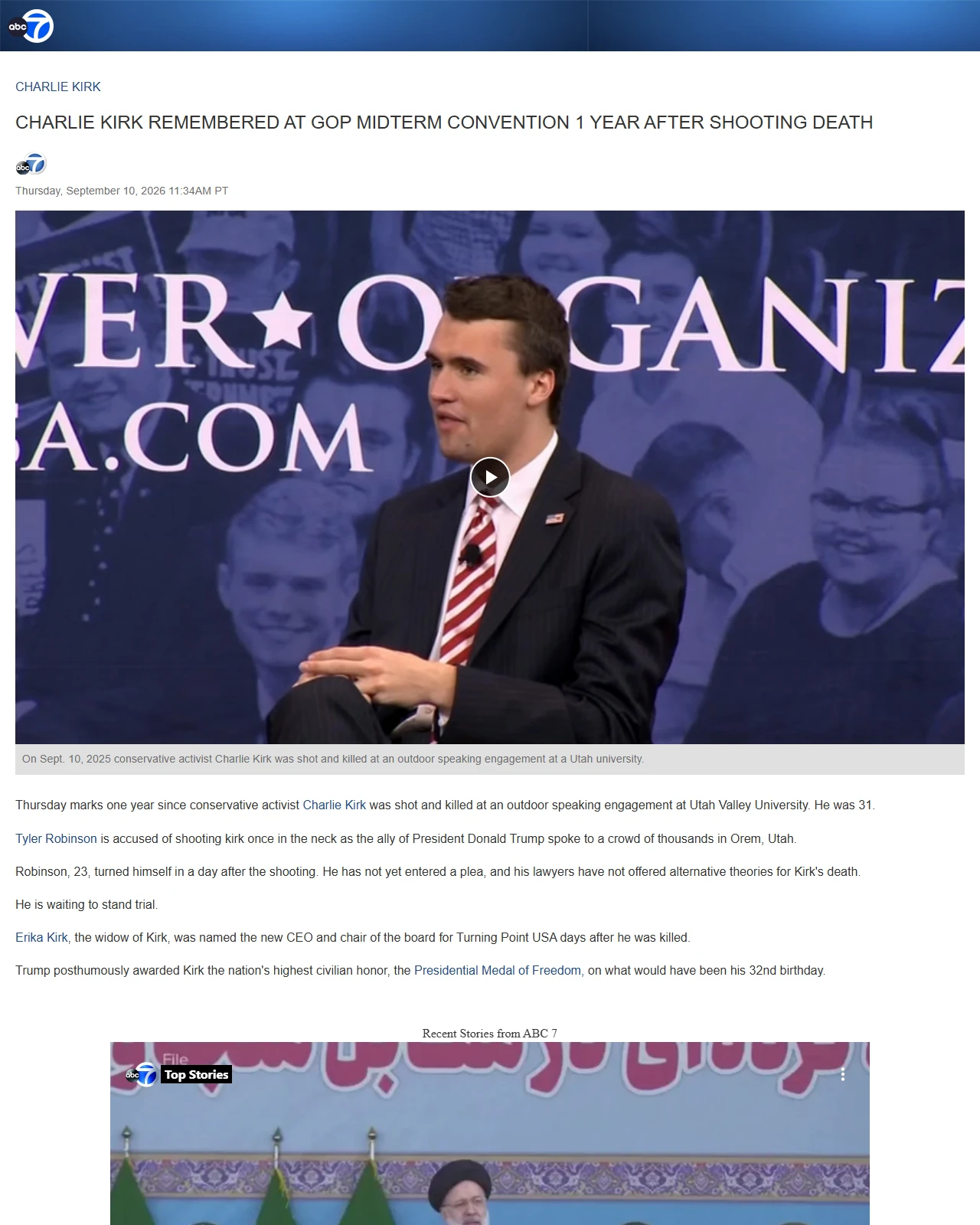 abc7.com as published: Charlie Kirk shooting: One year since political activist was killed in front of thousands at a Utah speaking event