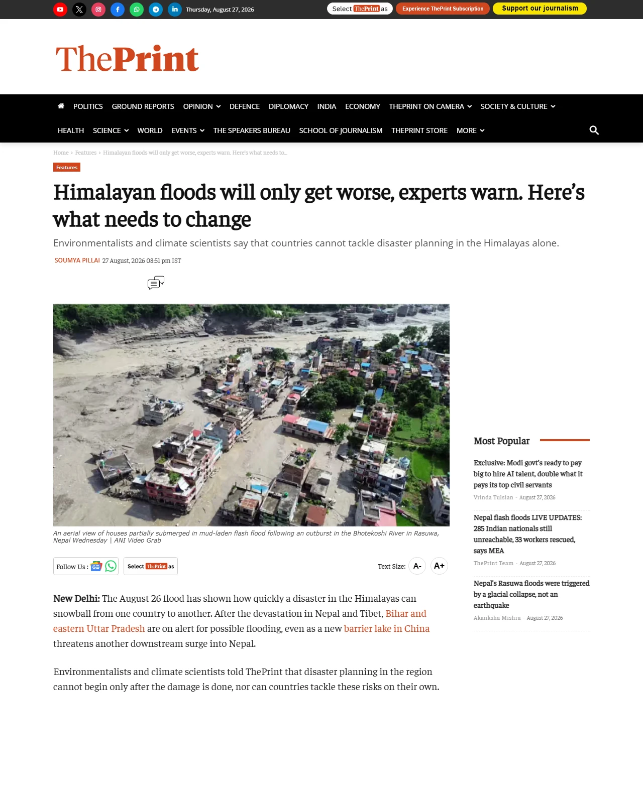 theprint.in as published: Himalayan floods will only get worse, experts warn. Here’s what needs to change