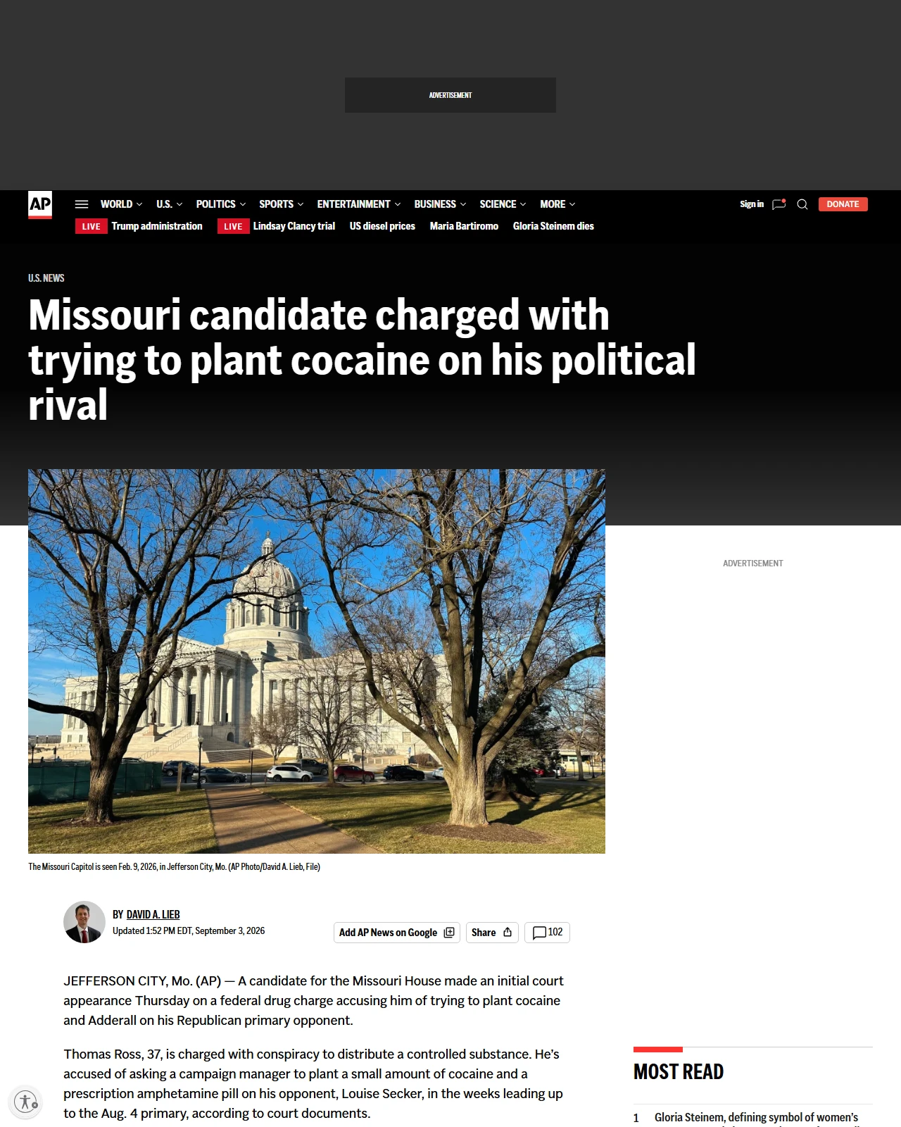 apnews.com as published: Missouri candidate charged with trying to plant cocaine on his political rival