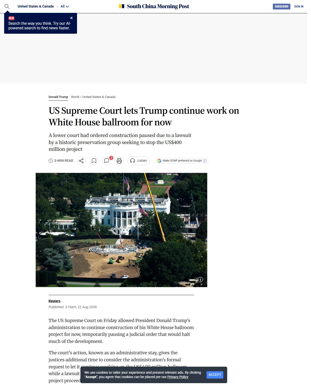 scmp.com as published: US Supreme Court lets Trump continue work on White House ballroom for now