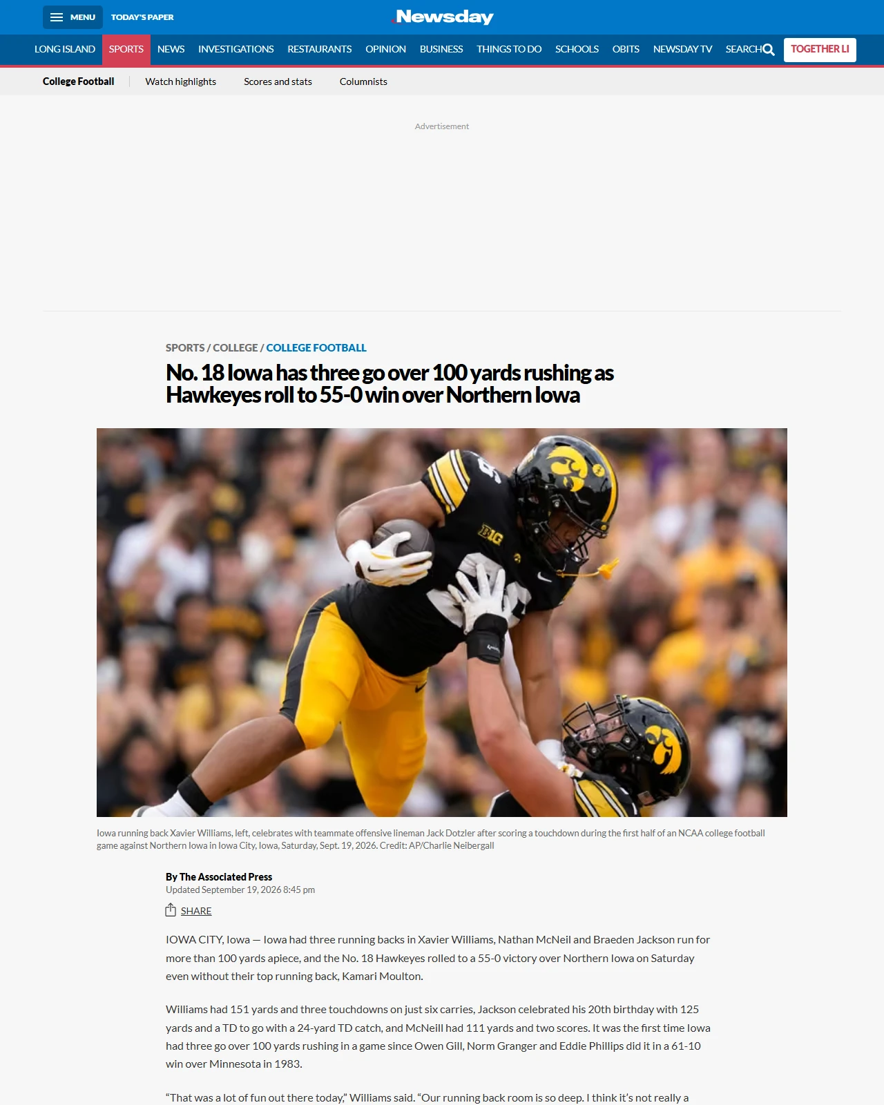 newsday.com as published: No. 18 Iowa has three go over 100 yards rushing as Hawkeyes roll to 55-0 win over Northern Iowa