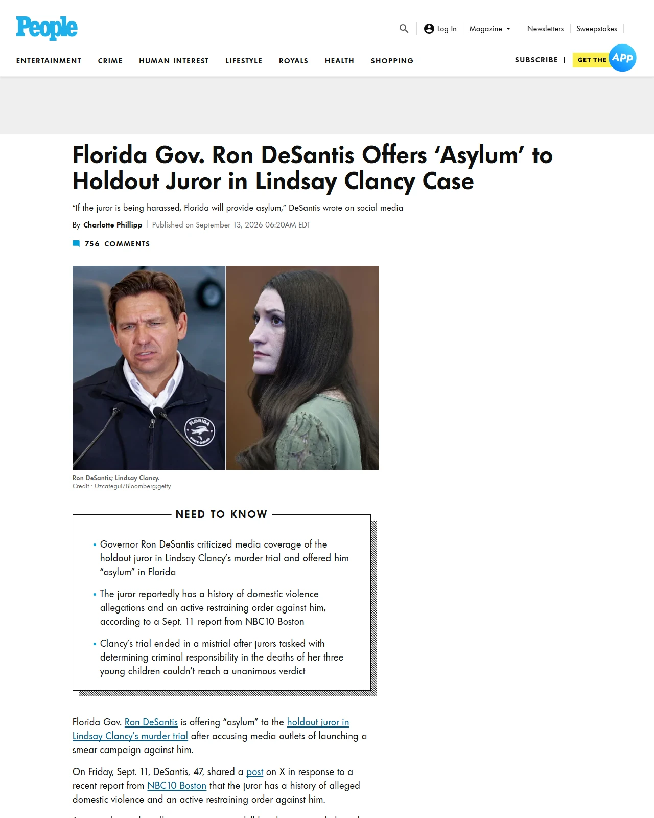 people.com as published: Florida Gov. Ron DeSantis Offers ‘Asylum’ to Holdout Juror in Lindsay Clancy Case