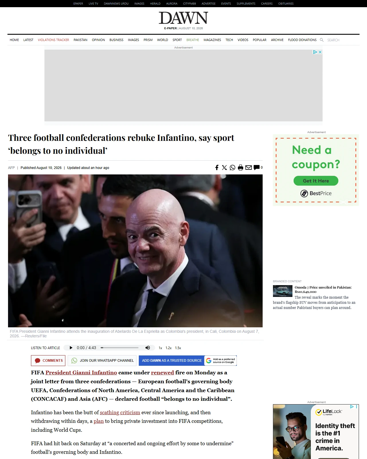 dawn.com as published: Three football confederations rebuke Infantino, say sport ‘belongs to no individual’