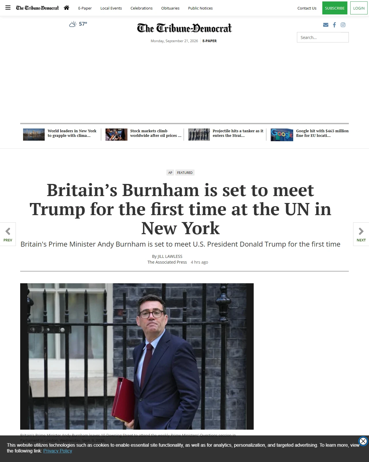 tribdem.com as published: Britain’s Burnham is set to meet Trump for the first time at the UN in New York - The Tribune-Democrat