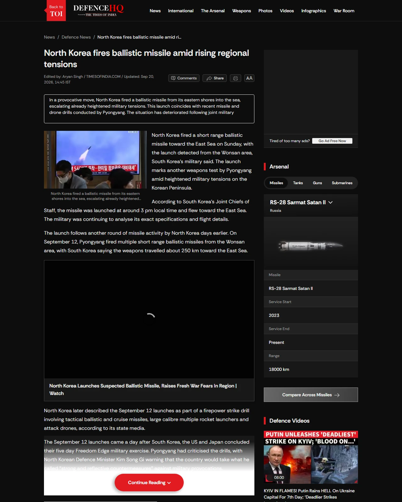 timesofindia.indiatimes.com as published: North Korea fires ballistic missile amid rising regional tensions