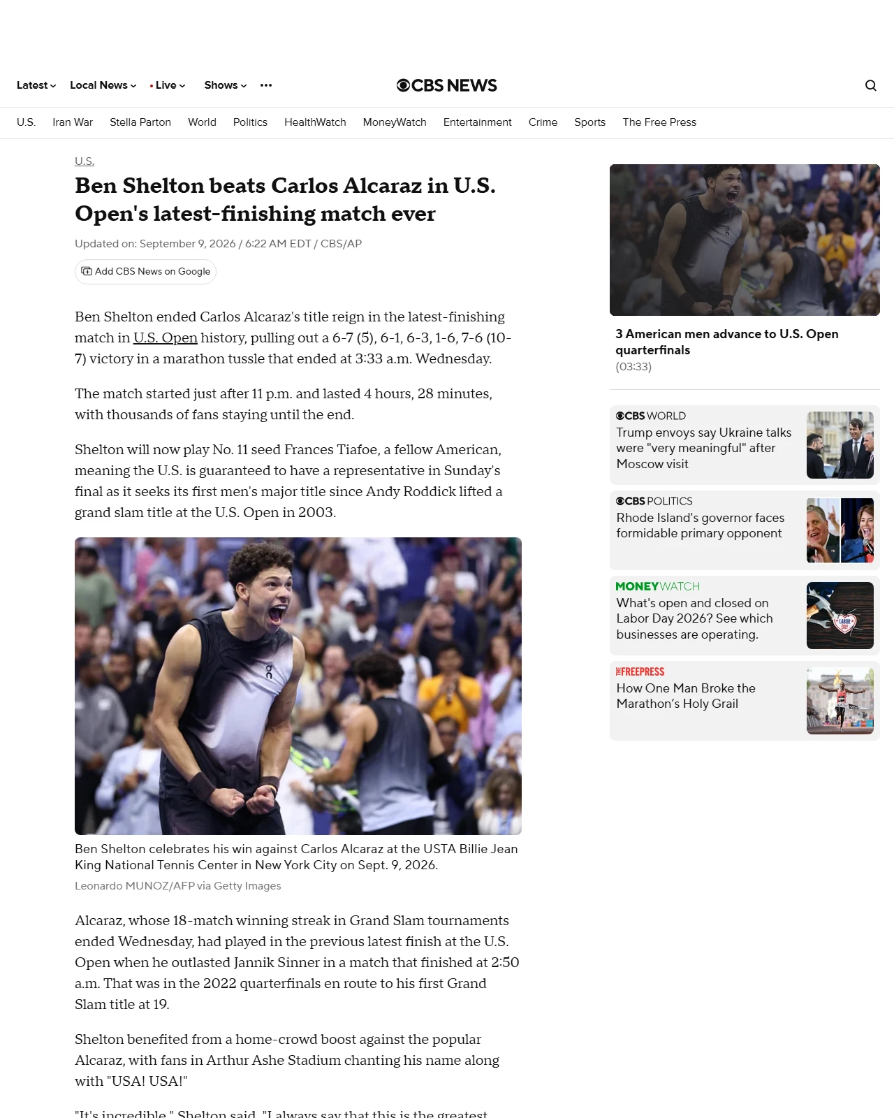 cbsnews.com as published: Ben Shelton beats Carlos Alcaraz in U.S. Open's latest-finishing match ever