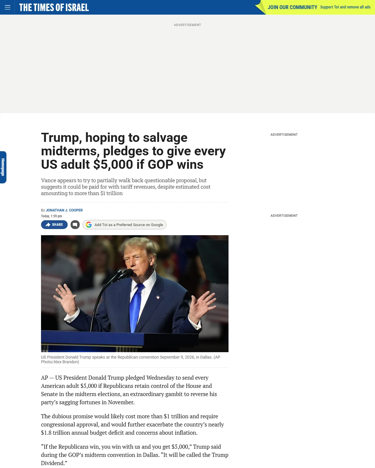 timesofisrael.com as published: Trump, hoping to salvage midterms, pledges to give every US adult $5,000 if GOP wins