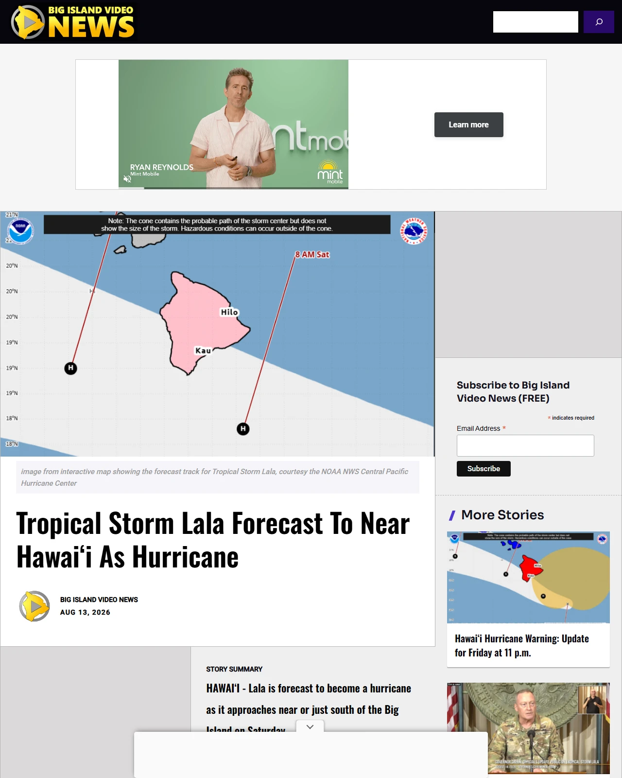 bigislandvideonews.com as published: Tropical Storm Lala Forecast To Near Hawaiʻi As Hurricane
