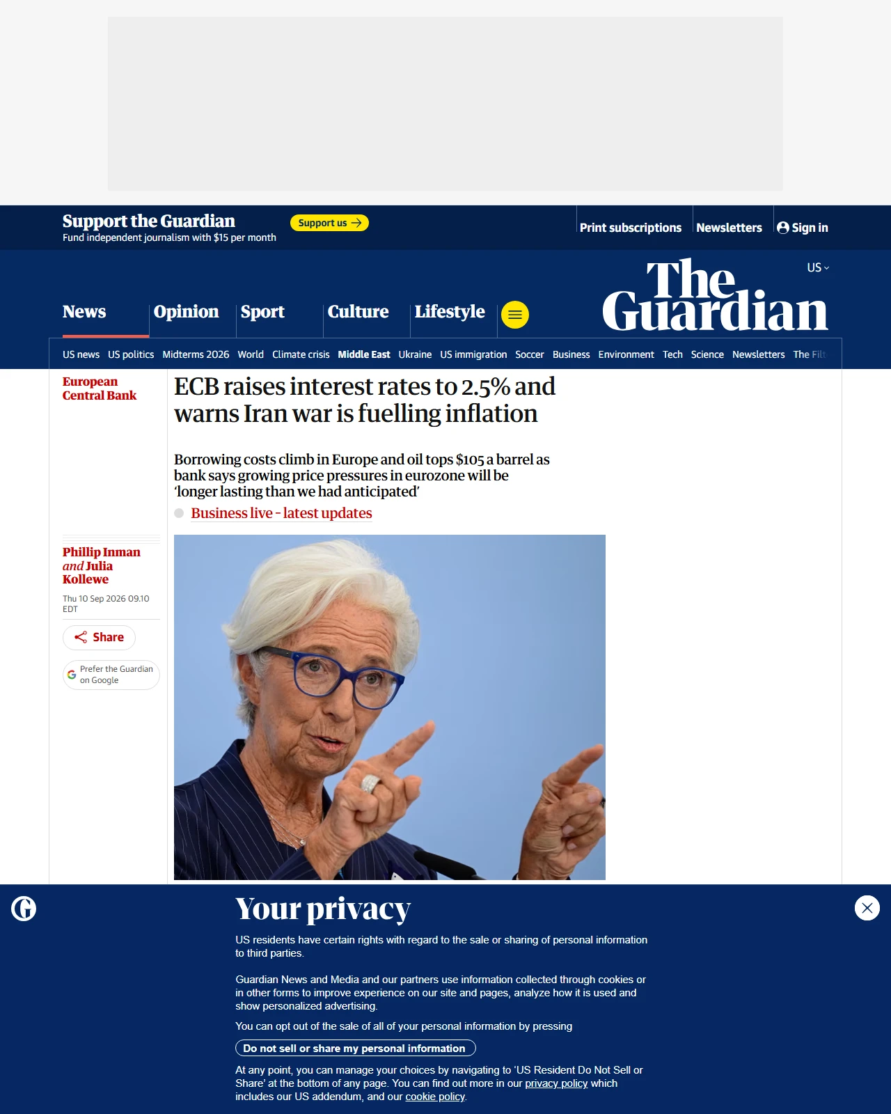 theguardian.com as published: ECB raises interest rates to 2.5% and warns Iran war is fuelling inflation