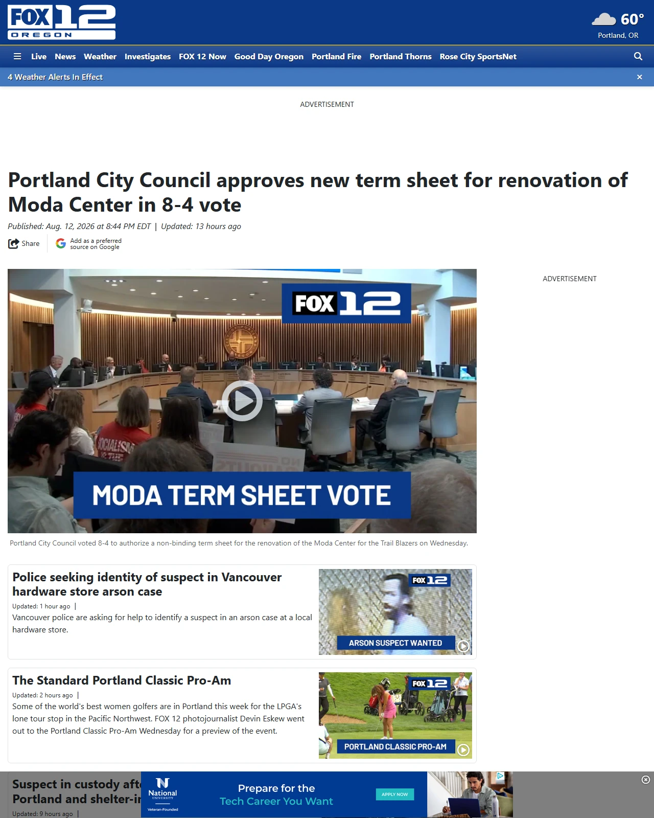 kptv.com as published: Portland City Council approves new term sheet for renovation of Moda Center in 8-4 vote